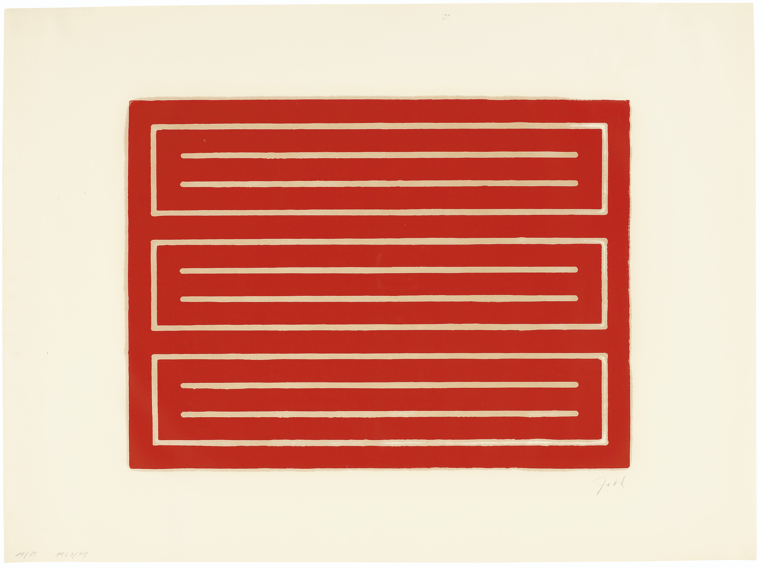 Donald Judd (1928-1994), Untitled: one print, 1962-79. Woodcut in cadmium red, on offset paper.&nbsp;Sheet: 22 x 29&frac34;  in (559 x 756  mm). Estimate: $20,000-30,000. Offered in Prints and Multiples&nbsp;on 20-21 October 2020 at Christie&rsquo;s in New York