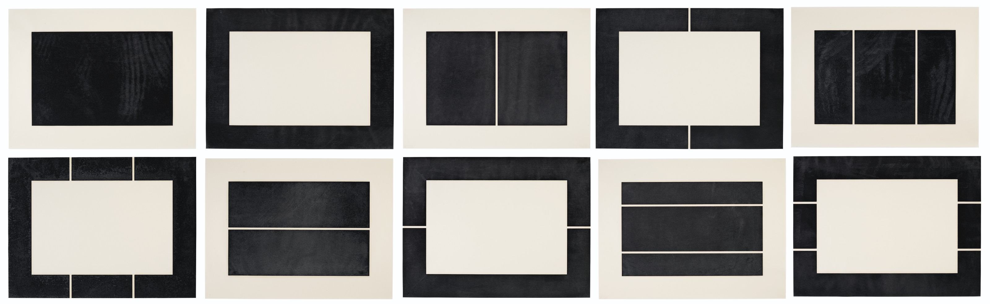 Donald Judd (1928-1994), Untitled, 1988.&nbsp;The complete set of ten woodcuts in ivory black on Okawara paper.&nbsp;Each Sheet: 23&frac12; x 31&frac12;  in (597 x 800  mm). Estimate: $200,000-300,000. Offered in Prints and Multiples  on 20-21 October 2020 at Christie&rsquo;s in New York