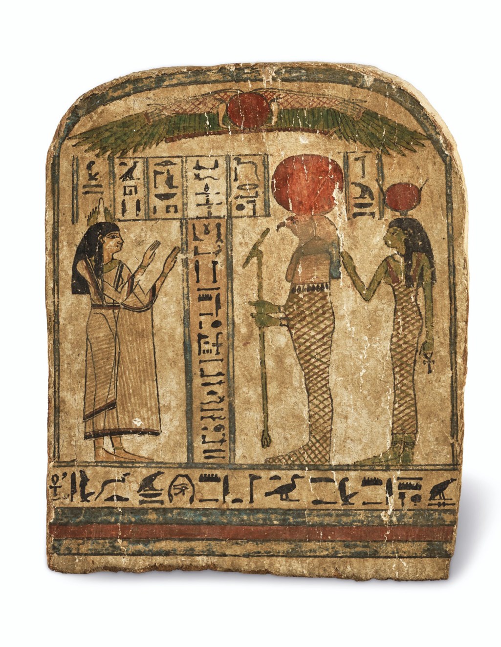 AN EGYPTIAN PAINTED WOOD ROUNDTOP STELE FOR TAHY, THIRD INTERMEDIATE