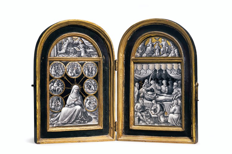 A parcel-gilt grisaille enamel diptych of the seven sorrows of the Virgin and the death of the Virgin, by Pierre Reymond (c. 1513-after 1584), Limoges, circa 1540s, the case possibly 16th or 17th century. 11¼ in (27.9 cm) high, 15 in (38.1 cm) wide, 1⅛ in (2.5 cm) deep, overall open. Estimate $50,000-80,000. Offered in Old Masters on 15 October 2020 at Christie’s in New York