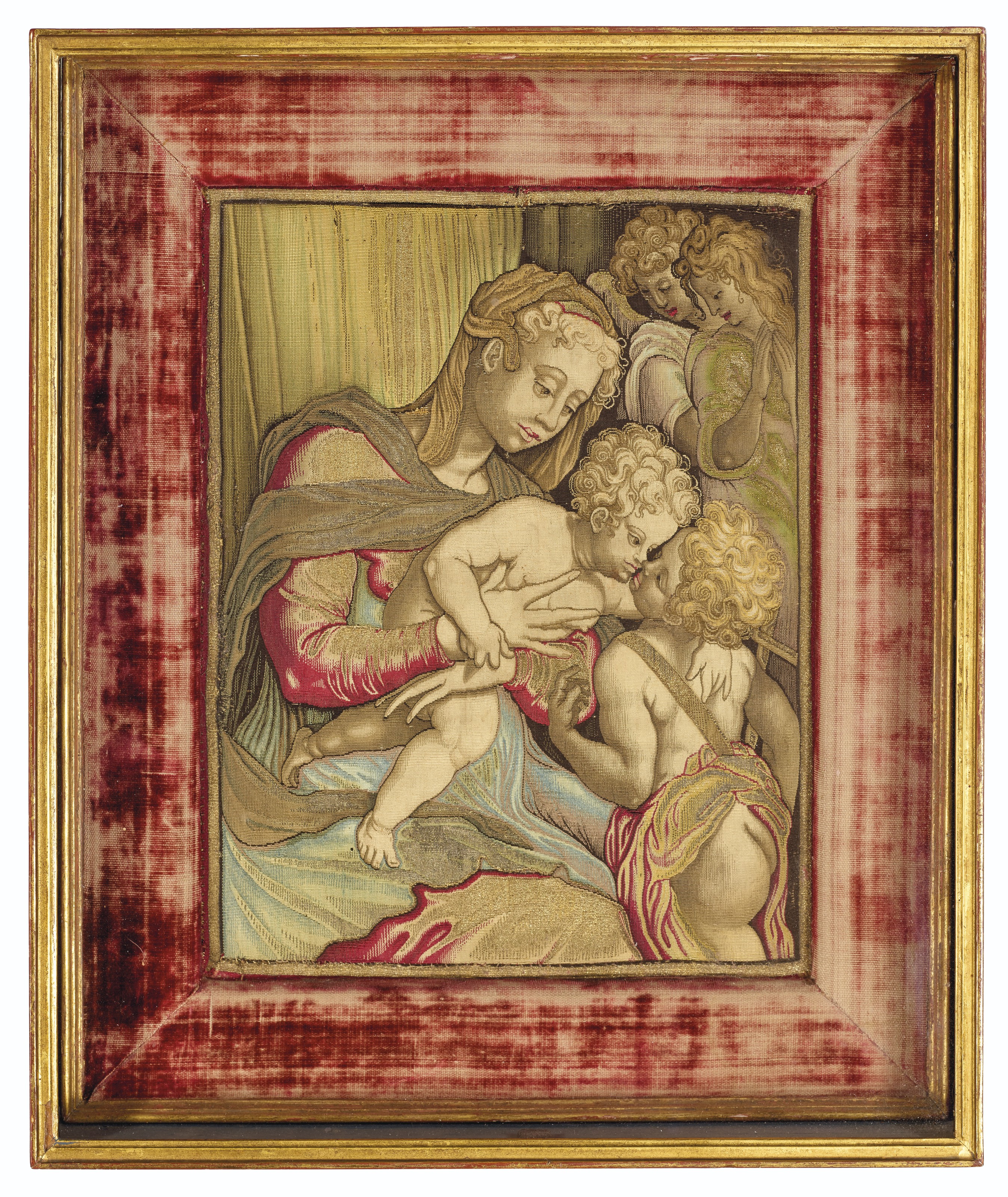 A gold, silver and silk tapestry of the Virgin and Child and Saint John the Baptist and two angels, Italian, after Andrea del Sarto, probably by Pietro F&eacute;v&egrave;re, the Medici tapestry workshops, Florence, circa 1618-1619. 16&frac12;  in (42  cm) high, 13&frac12;  in (34.3  cm) wide, framed. Estimate: $30,000-50,000. Offered in Old Masters on 15 October 2020 at Christie&rsquo;s in New York