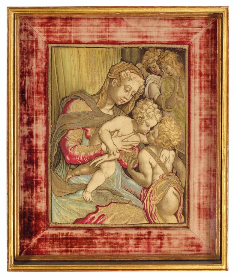 A gold, silver and silk tapestry of the Virgin and Child and Saint John the Baptist and two angels, Italian, after Andrea del Sarto, probably by Pietro Févère, the Medici tapestry workshops, Florence, circa 1618-1619. 16½  in (42  cm) high, 13½  in (34.3  cm) wide, framed. Estimate $30,000-50,000. Offered in Old Masters on 15 October 2020 at Christie’s in New York