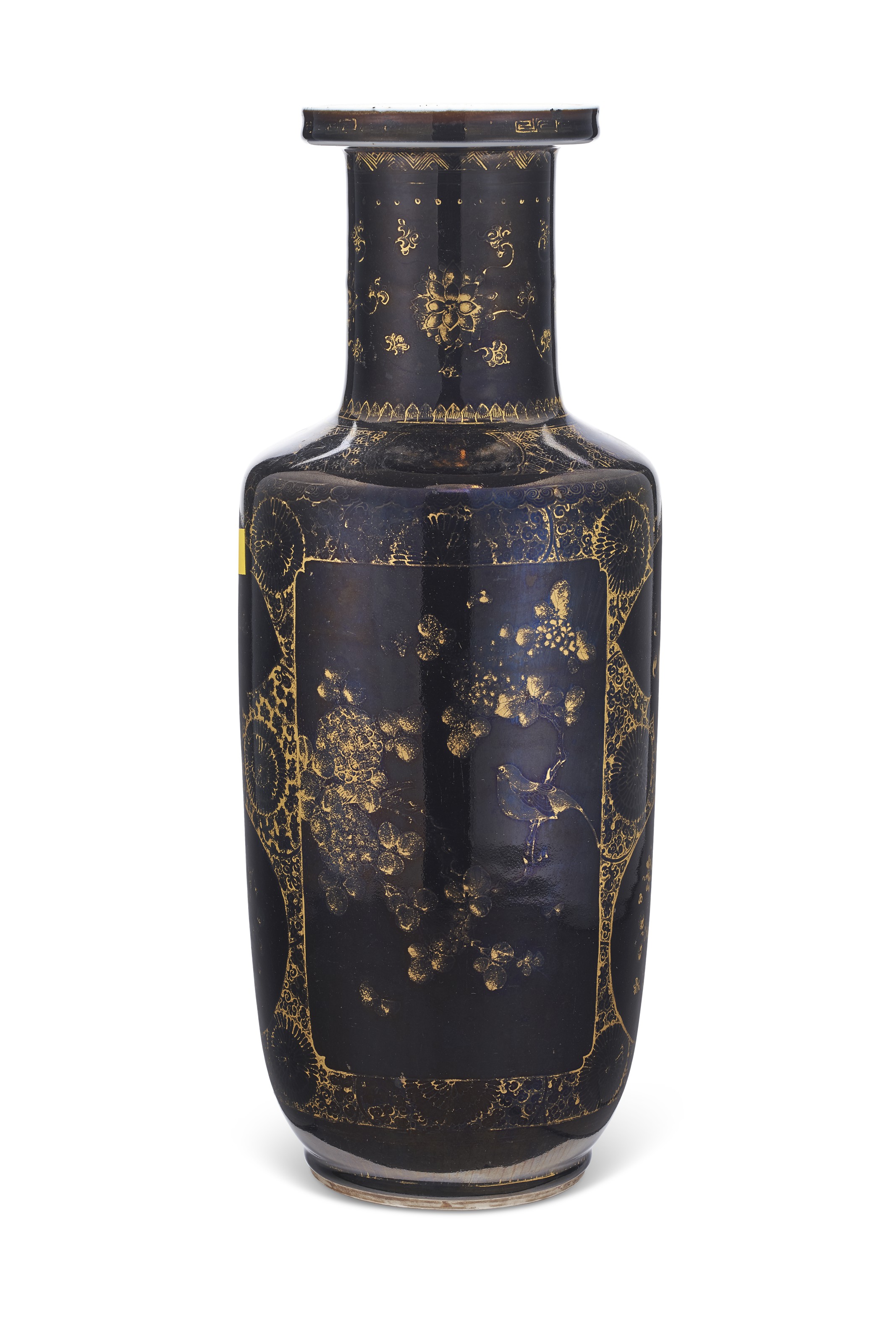 清康熙乌金釉描金开光花鸟图棒槌瓶, KANGXI PERIOD (1662-1722