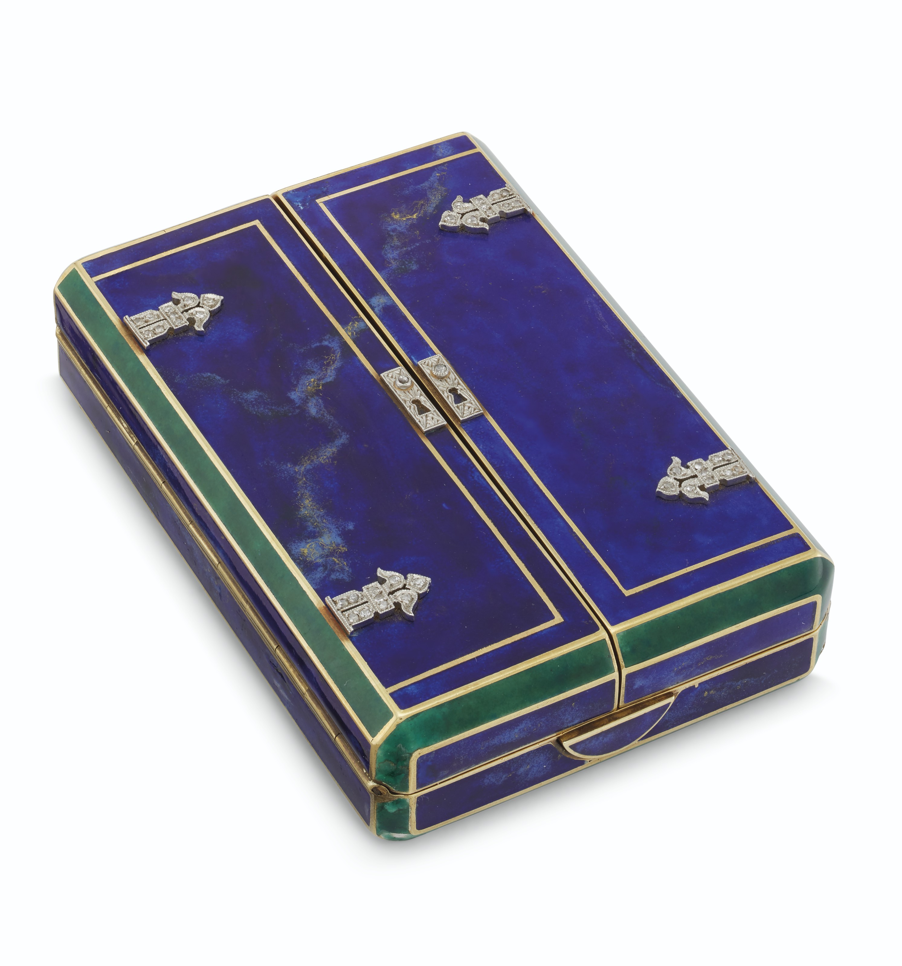 AN AMERICAN ART DECO GOLD, ENAMEL, AND DIAMOND VANITY CASE auctions