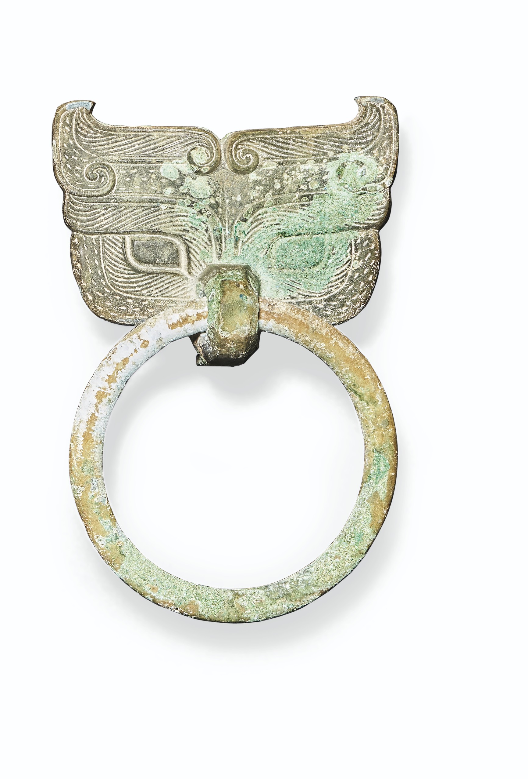 A PAIR OF UNUSUAL BRONZE TAOTIE MASKS AND RING HANDLES , HAN DYNASTY
