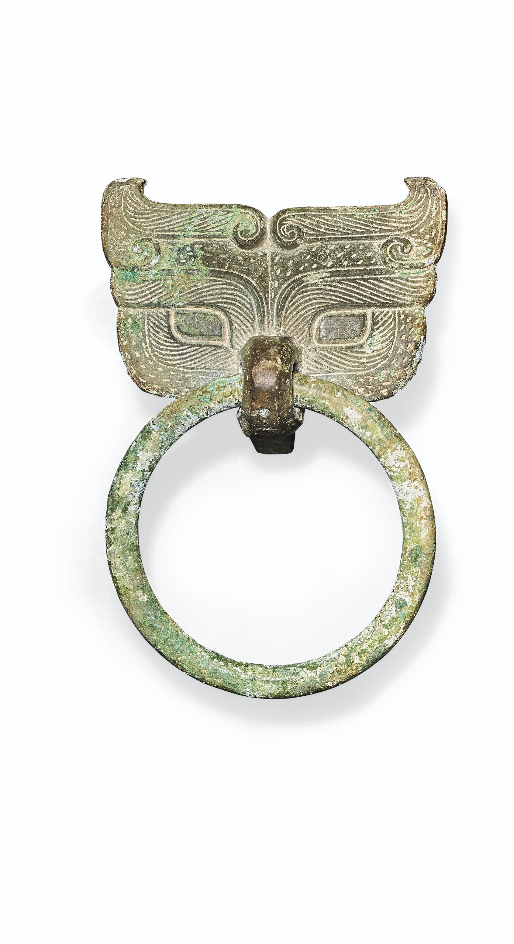A PAIR OF UNUSUAL BRONZE TAOTIE MASKS AND RING HANDLES , HAN DYNASTY