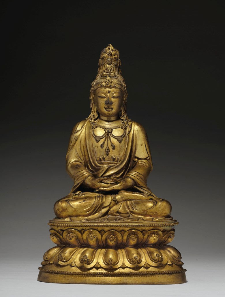 A very rare gilt-bronze figure of seated Guanyin, 17th-18th century. 14⅞  in (37.8  cm) high. Estimate $60,000-80,000. Offered in Important Chinese Ceramics and Works of Art  on 25 September 2020 at Christie’s in New York