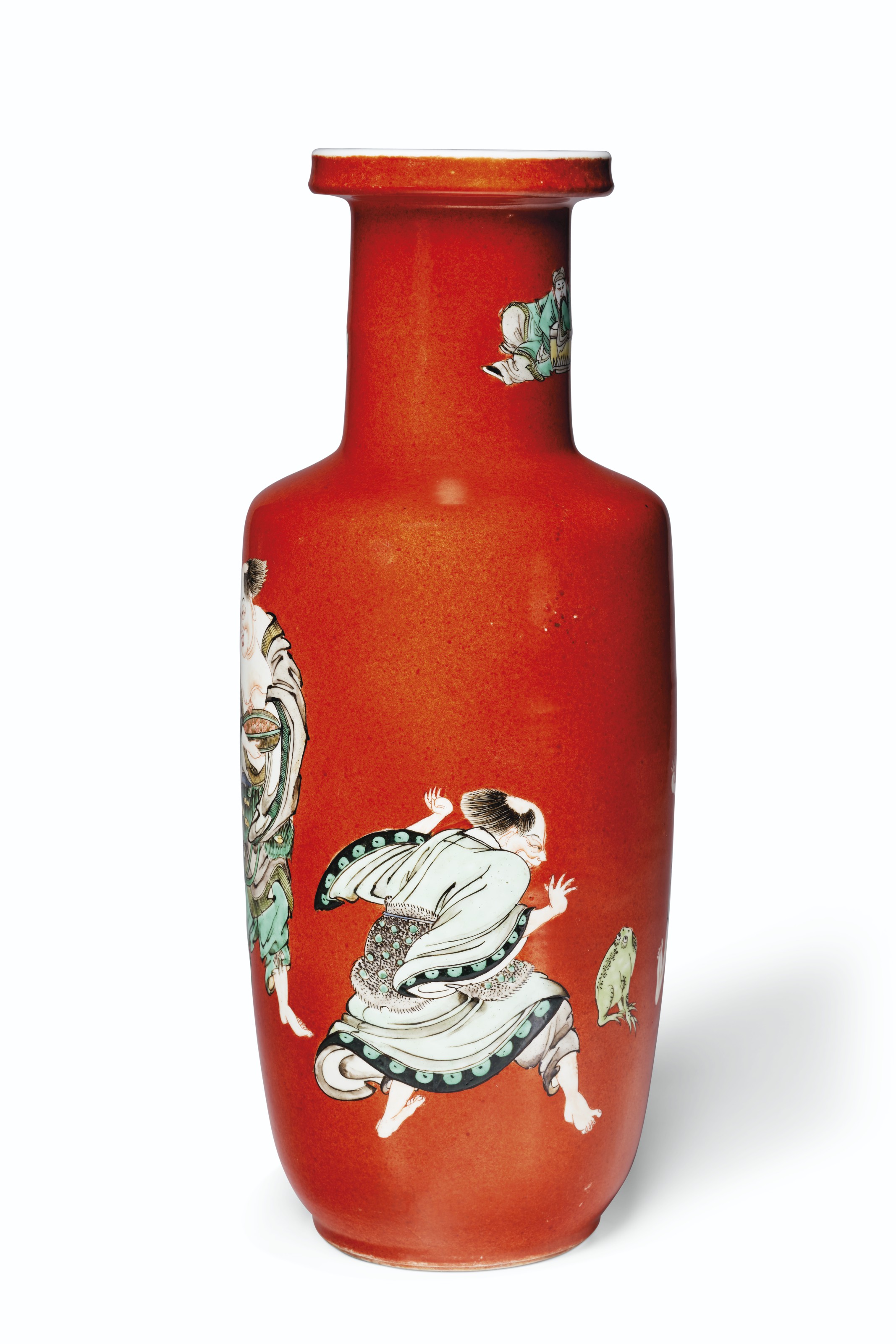 A RARE FAMILLE VERTE CORALGROUND ROULEAU VASE , KANGXI PERIOD (1662