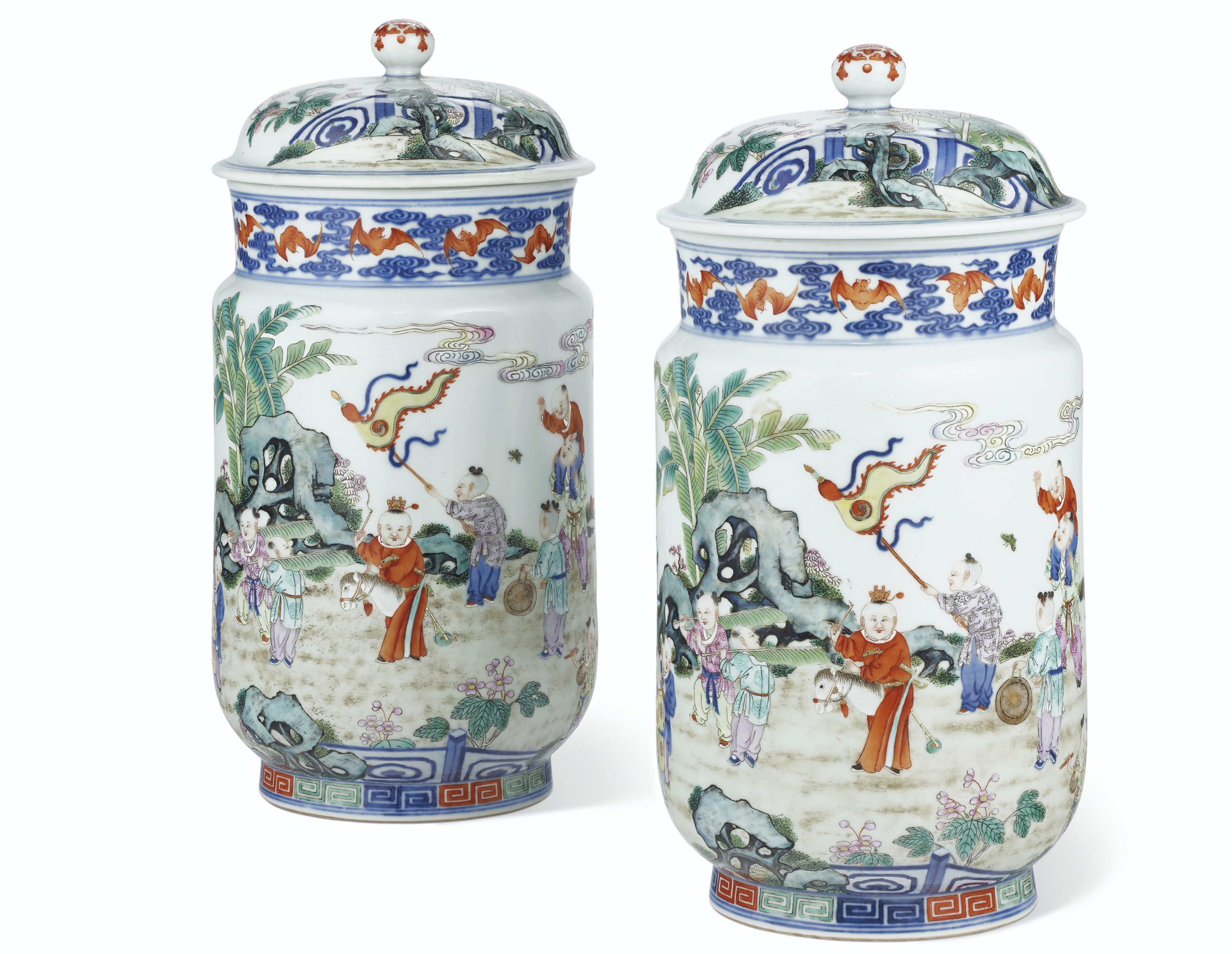 A very rare pair of famille rose &lsquo;boys&rsquo; jars and covers, Qianlong six-character seal marks in underglaze blue and of the period (1736-1795). 11&frac14;  in (28.5  cm) high. Sold for $1,650,000 on 25 September 2020 at Christie&rsquo;s in New York
