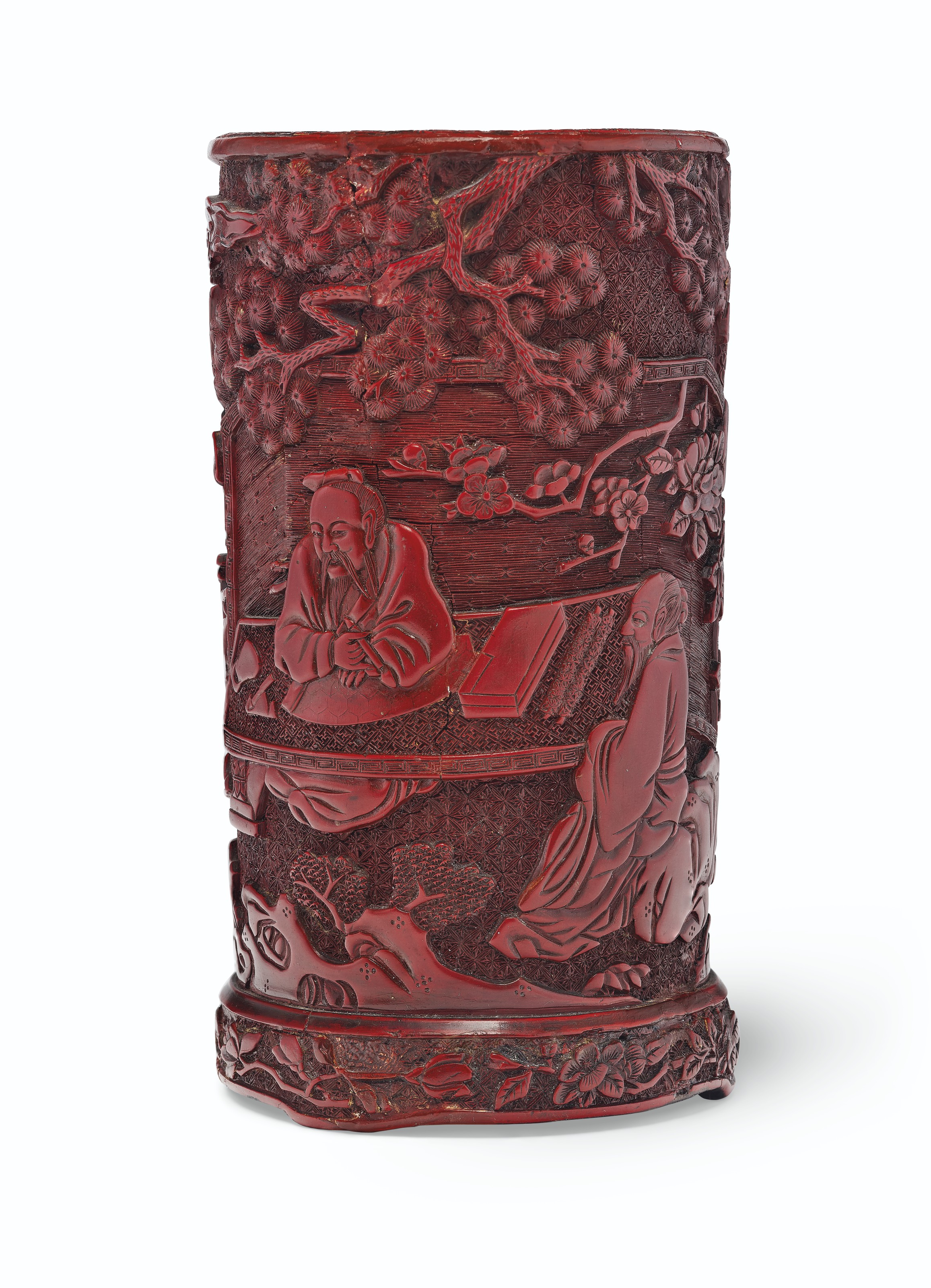 A carved red lacquer brush pot, Ming-early Qing dynasty, 16th-17th century. 6  in (15.3  cm) high. Estimate: $5,000-7,000. Offered in Important Chinese Ceramics and Works of Art&nbsp;on 25 September 2020 at Christie&rsquo;s in New York