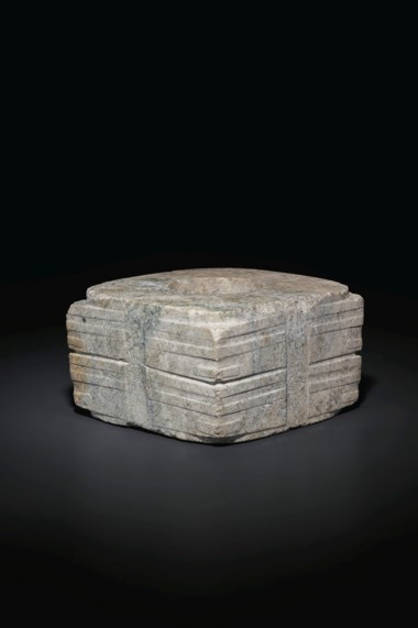 A mottled greyish-green and ivory-colored jade or hardstone two-tier cong, Neolithic period, Liangzhu culture, 3rd millennium BC. 4⅛  in (10.4  cm) wide. Estimate $60,000-80,000. Offered in Important Chinese Ceramics and Works of Art  on 25 September 2020 at Christie’s in New York