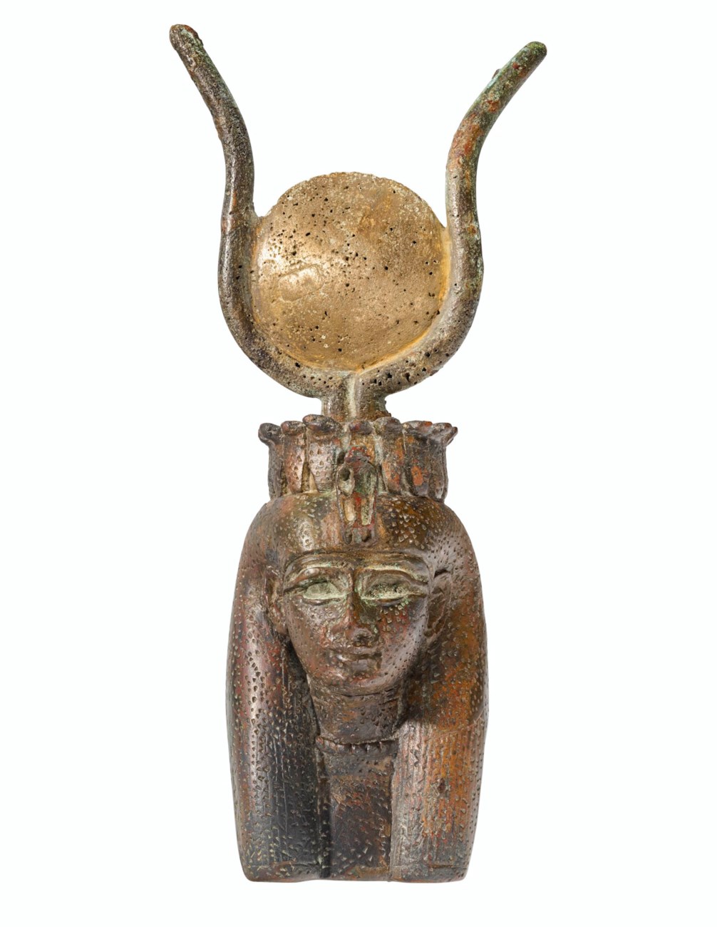 AN EGYPTIAN BRONZE HEAD OF A GODDESS