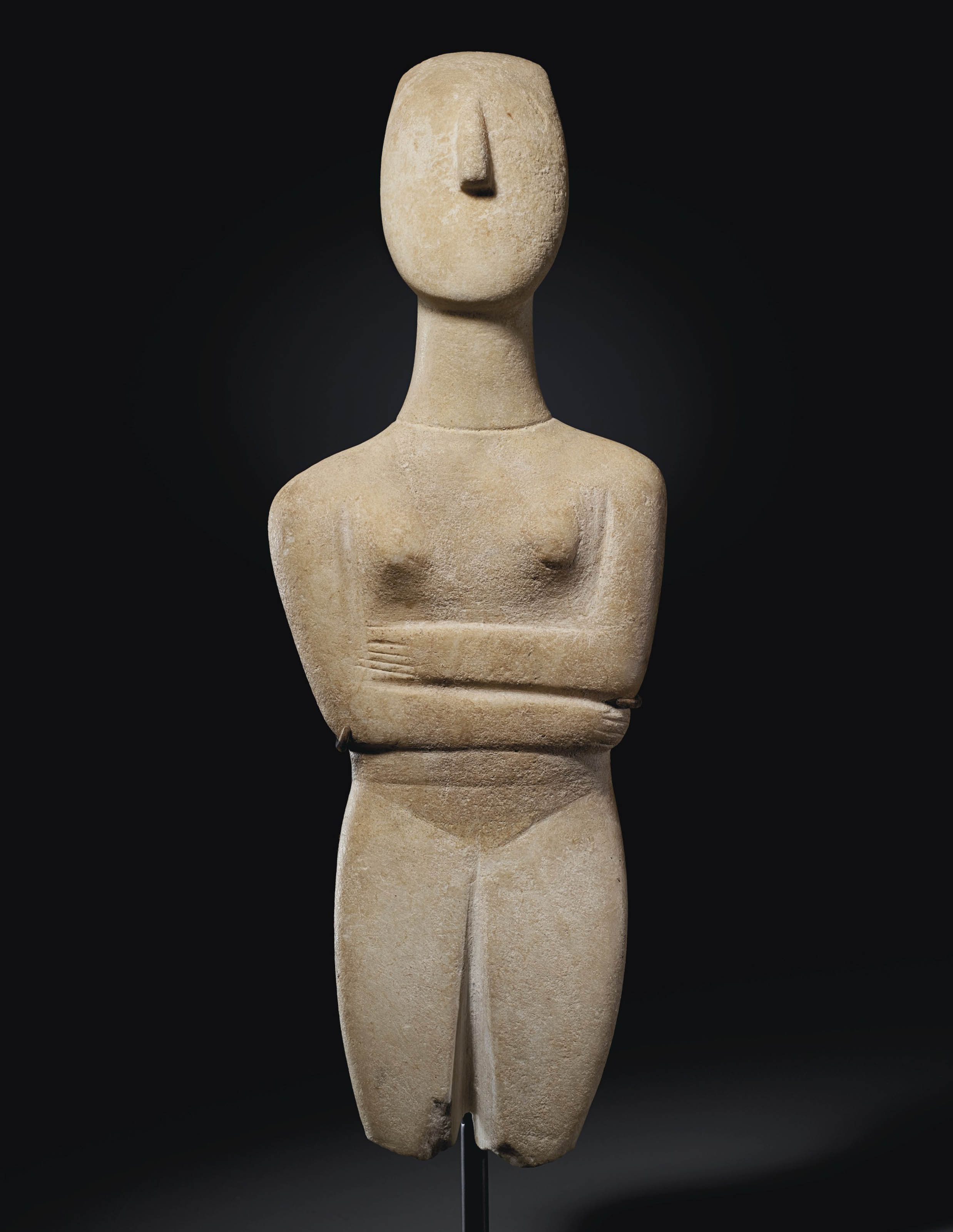A Cycladic marble reclining female figure, late Spedos variety, early Cycladic II, circa 2500-2400 BC. 12&frac12; in (31.7 cm) high. Estimate: $700,000-900,000. Offered in Antiquities on 13 October 2020 at Christie&rsquo;s in New York