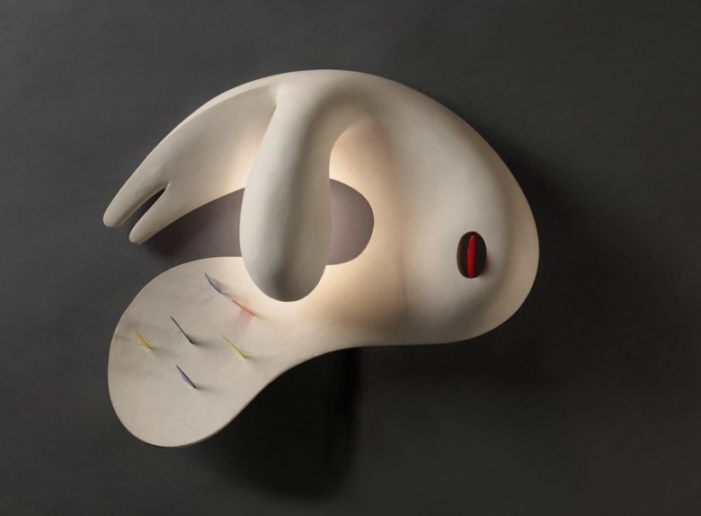 Isamu Noguchi (1904-1988), Light Sculpture (Lunar), c. 1943. Magnesite, plastic, electric components and wood. 15¾ x 20¼ x 5⅛ in (40 x 51.4 x 13 cm). Sold for $562,500 in 20th Century Hong Kong to New York on 2 December 2020 at Christie’s in New York. © 2022 Estate of Isamu Noguchi  Artists Rights Society (ARS), New York