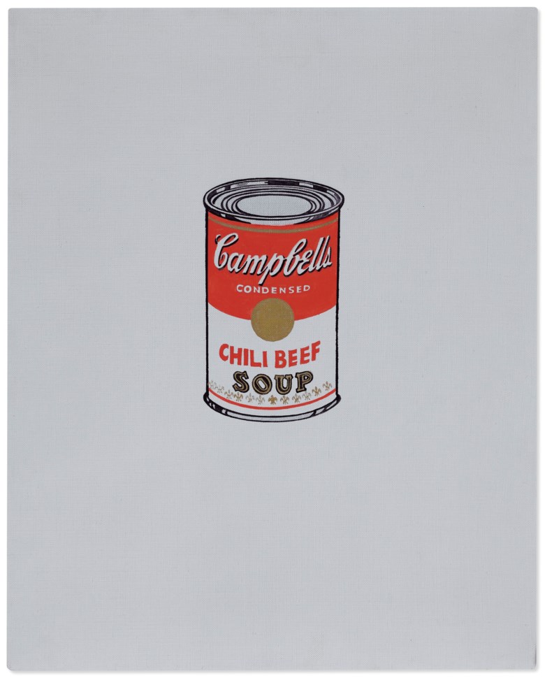 Andy Warhol (1928-1987), Small Campbells Soup Can (Chili Beef), 1962. Casein, metallic paint and graphite on linen. 20 x 16 in (50.8 x 40.6 cm). Sold for $6,630,000 on 2 December 2020 at Christie’s in New York