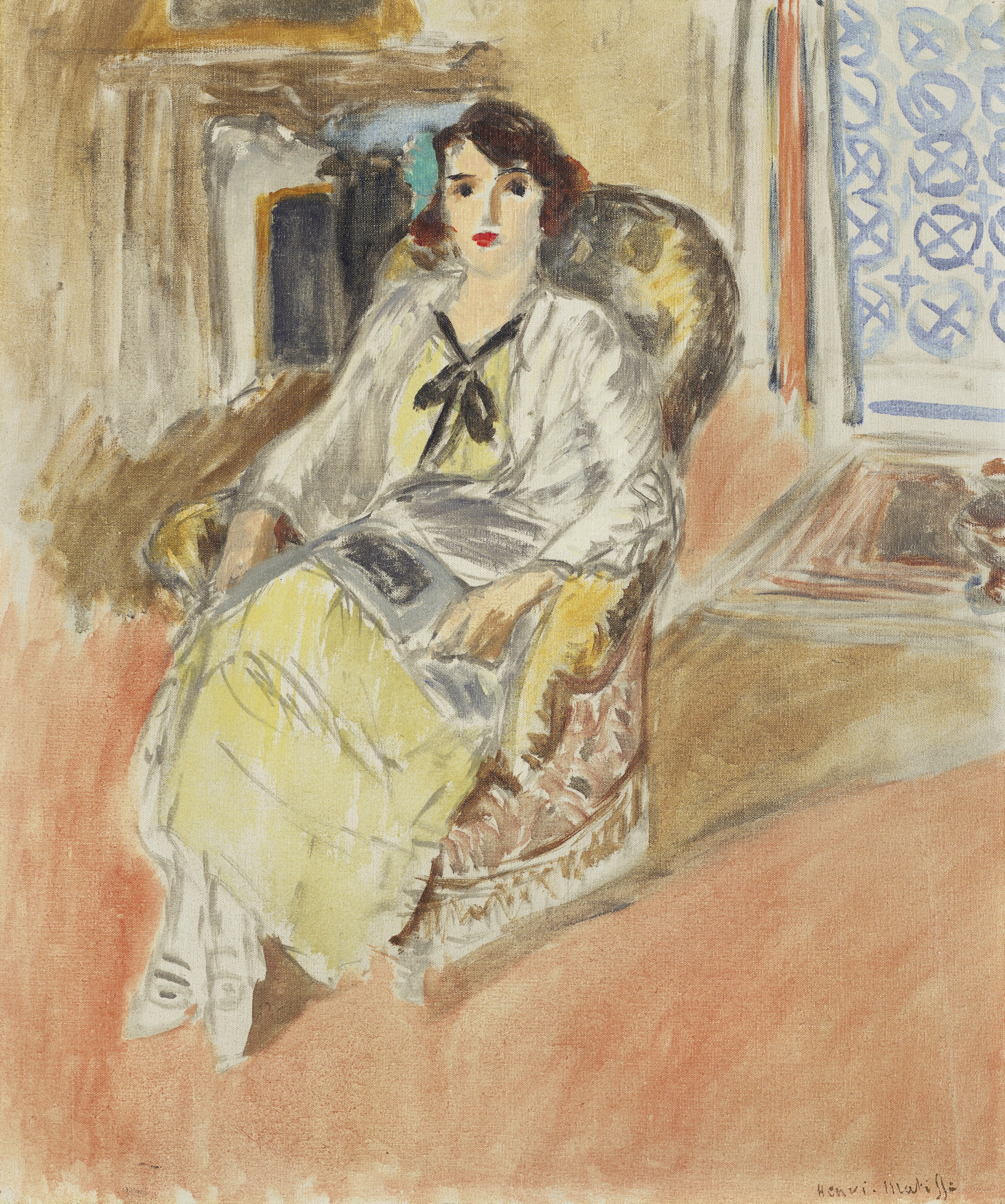 Jeune fille assise, robe jaune