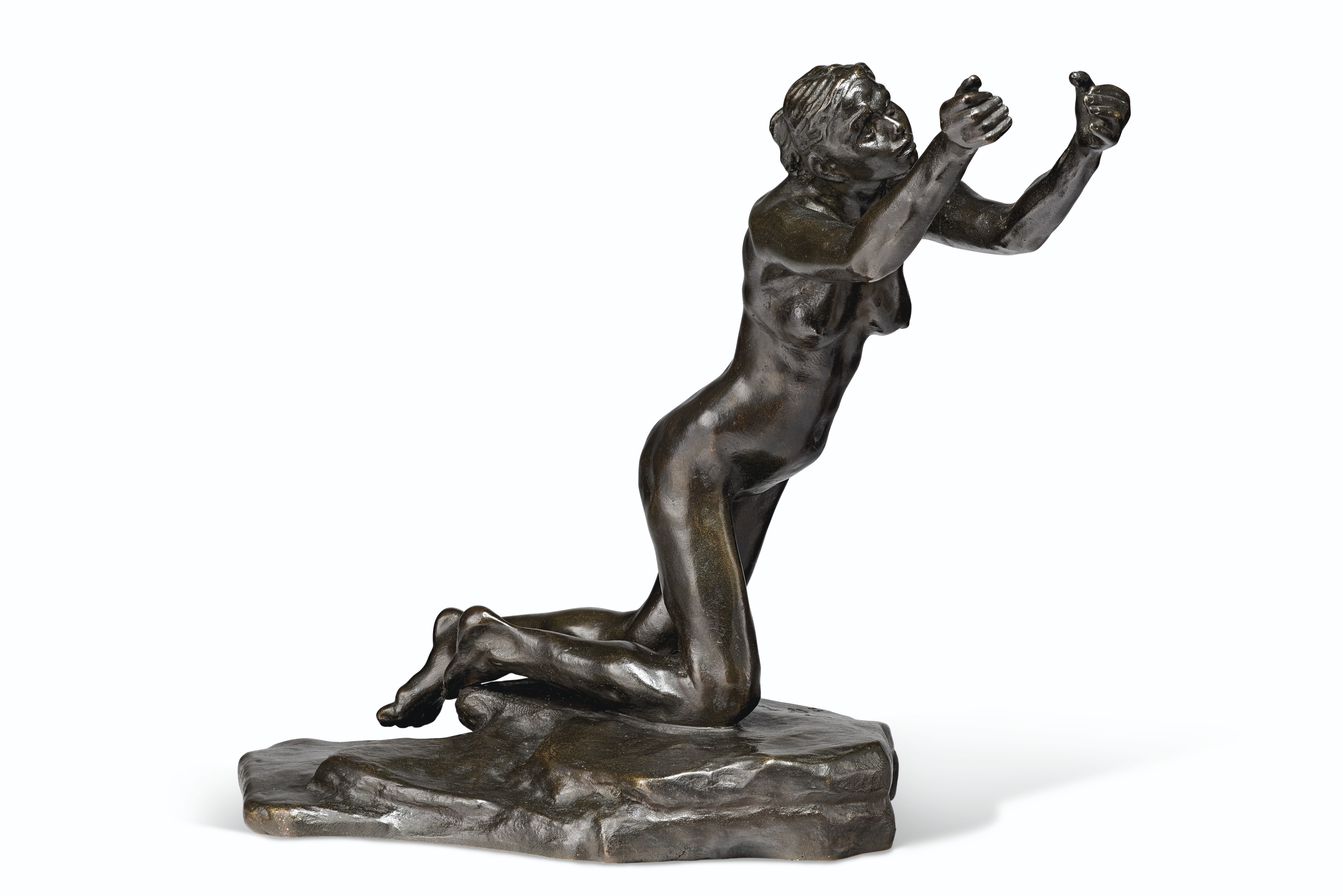 Camille Claudel (1864-1943), L&rsquo;Implorante, petit mod&egrave;le, conceived circa 1898. Bronze with dark brown patina. Height: 11⅛ in (28.2 cm). Length: 14⅛ in (36 cm). This bronze version cast by 1920. Sold for $125,000 on 4 December 2020 at Christie&rsquo;s in New York