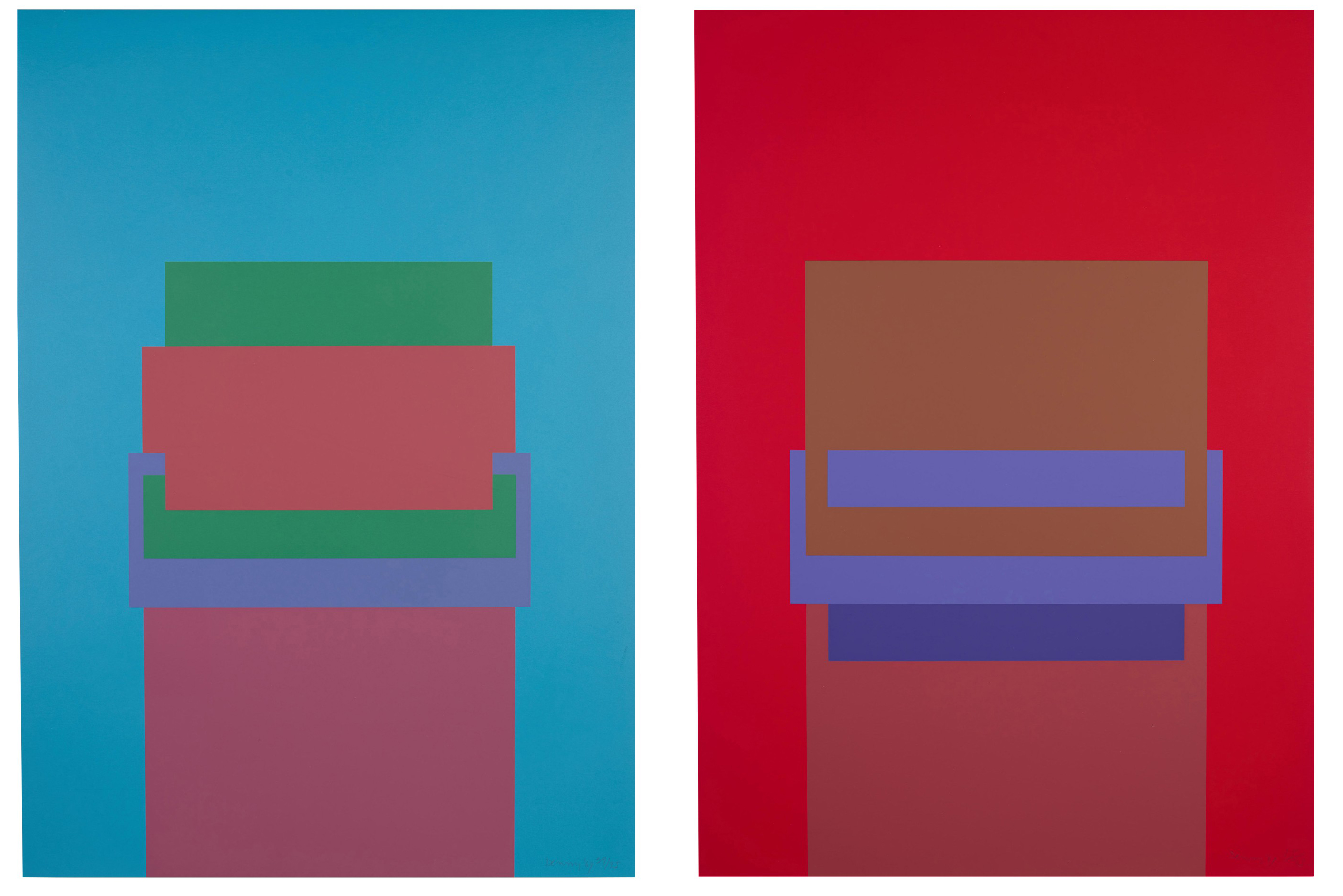 Robyn Denny (1930-2014), Two Screenprints (RDe 1 &amp; 2), 1970. Two screenprints in colours, on heavy wove paper. Each sheet: 28&frac34; x 20&frac12; in (730 x 521 mm). Estimate: $1,500-2,000. Offered in Domberger: 65 years of Screen Printing, 27 February to 6 March 2020, Online