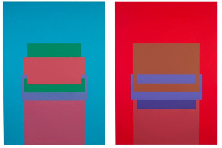 Robyn Denny (1930-2014), Two Screenprints (RDe 1 & 2), 1970. Two screenprints in colours, on heavy wove paper. Each sheet 28¾ x 20½ in (730 x 521 mm). Estimate $1,500-2,000. Offered in Domberger 65 years of Screen Printing, 27 February to 6 March 2020, Online