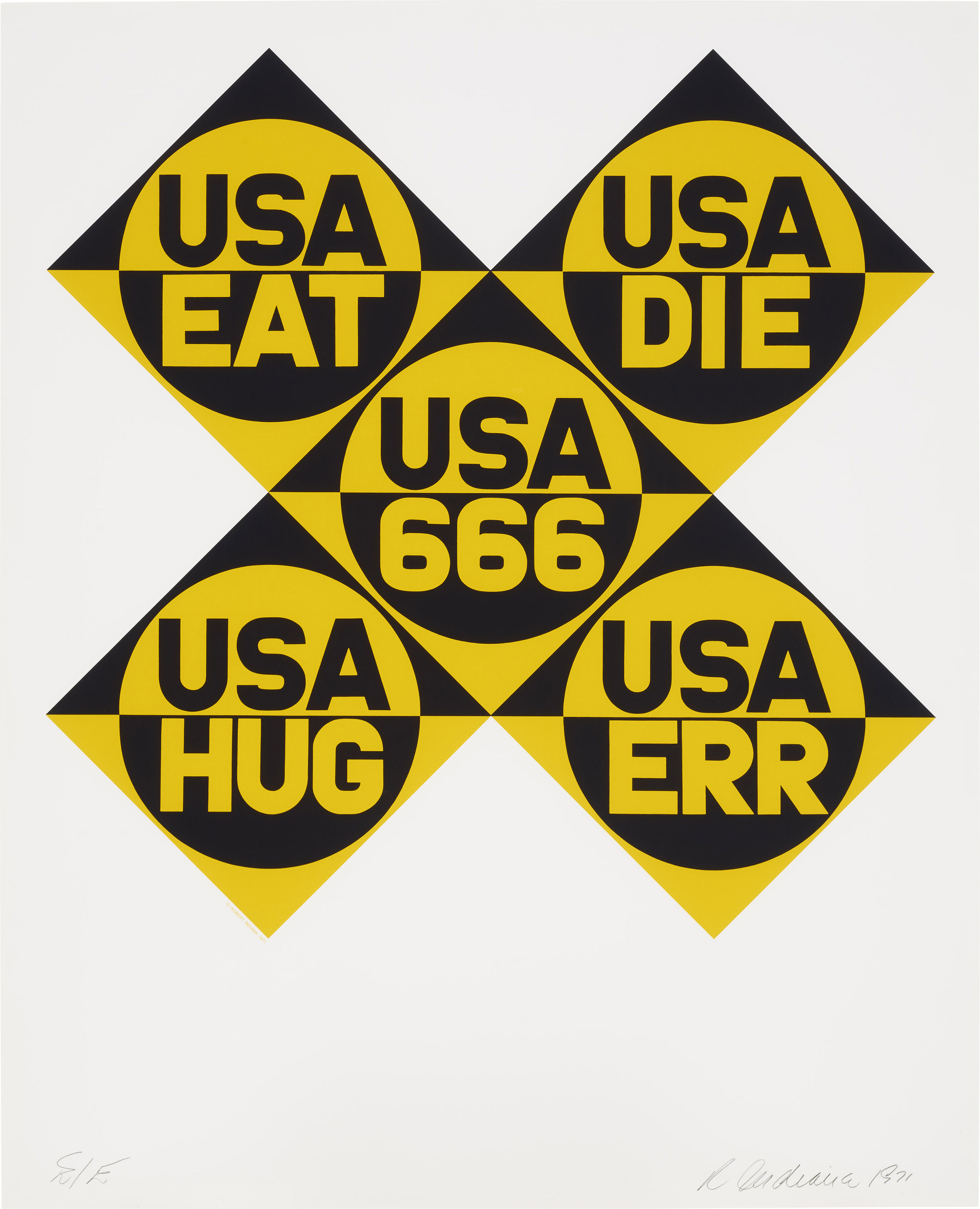 
羅伯特&middot;印第安那（1928-2018），《USA 666 (來自〈十年〉)》。絲網印刷。38͘ ⅞ x 31⅛吋（987 x 791毫米）。估價：2,000-3,000美元。此作於「Domberger&mdash;65年絲網印刷史」網上拍賣呈獻，2020年2月27日至3月6日開放登記

