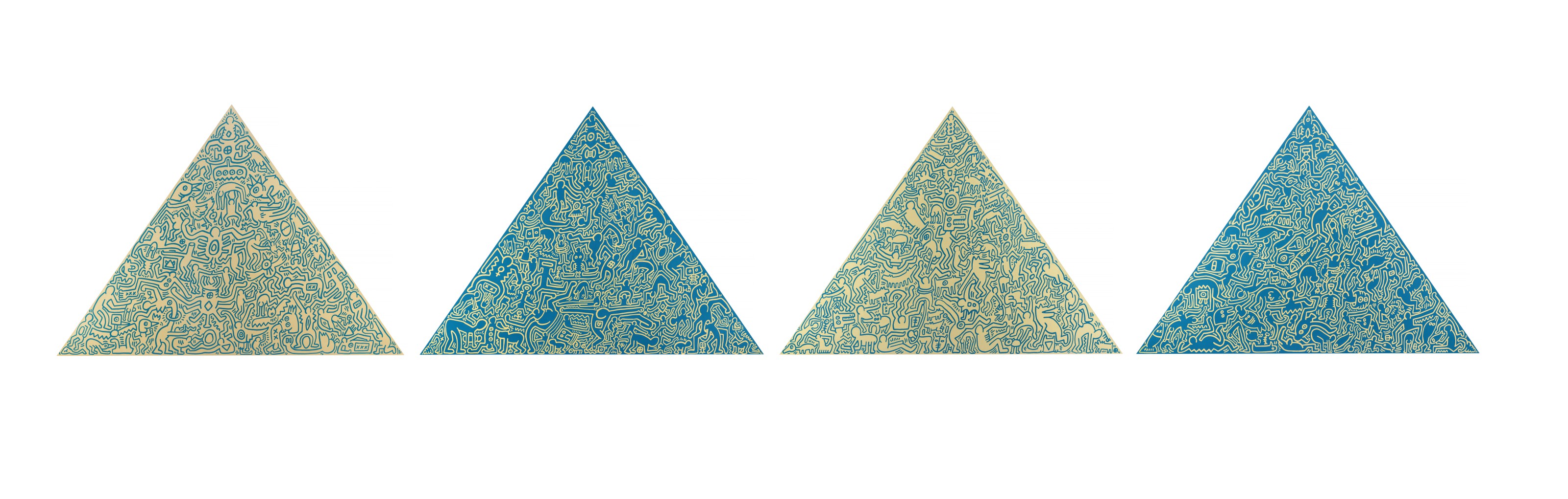 Keith Haring (1958-1990), Pyramid. 1989. The complete set of four screenprints in gold and blue, on shaped anodized aluminium panels. Each panel: 40⅝ x 56&frac34; in (1032 x 1442 mm). Estimate: $180,000-220,000. Offered in
Domberger: 65 years of Screen Printing, 27 February to 6 March 2020, Online