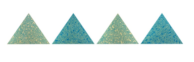 Keith Haring (1958-1990), Pyramid. 1989. The complete set of four screenprints in gold and blue, on shaped anodized aluminium panels. Each panel 40⅝ x 56¾ in (1032 x 1442 mm). Estimate $180,000-220,000. Offered in
Domberger 65 years of Screen Printing, 27 February to 6 March 2020, Online