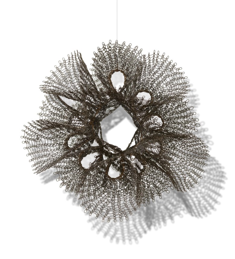 Ruth Asawa (1926-2013), Untitled (S.753, Hanging Ten Interlocking Double Trumpets), circa early-1960s. Hanging sculpture — brass and copper wire. 23 x 24 x 14½  in (58.4 x 61 x 36.8  cm). Estimate $500,000-700,000. Offered in Post-War & Contemporary Art Day Sale on 7 October 2020 at Christie’s in New York. Artwork © The Estate of Ruth Asawa  DACS, London