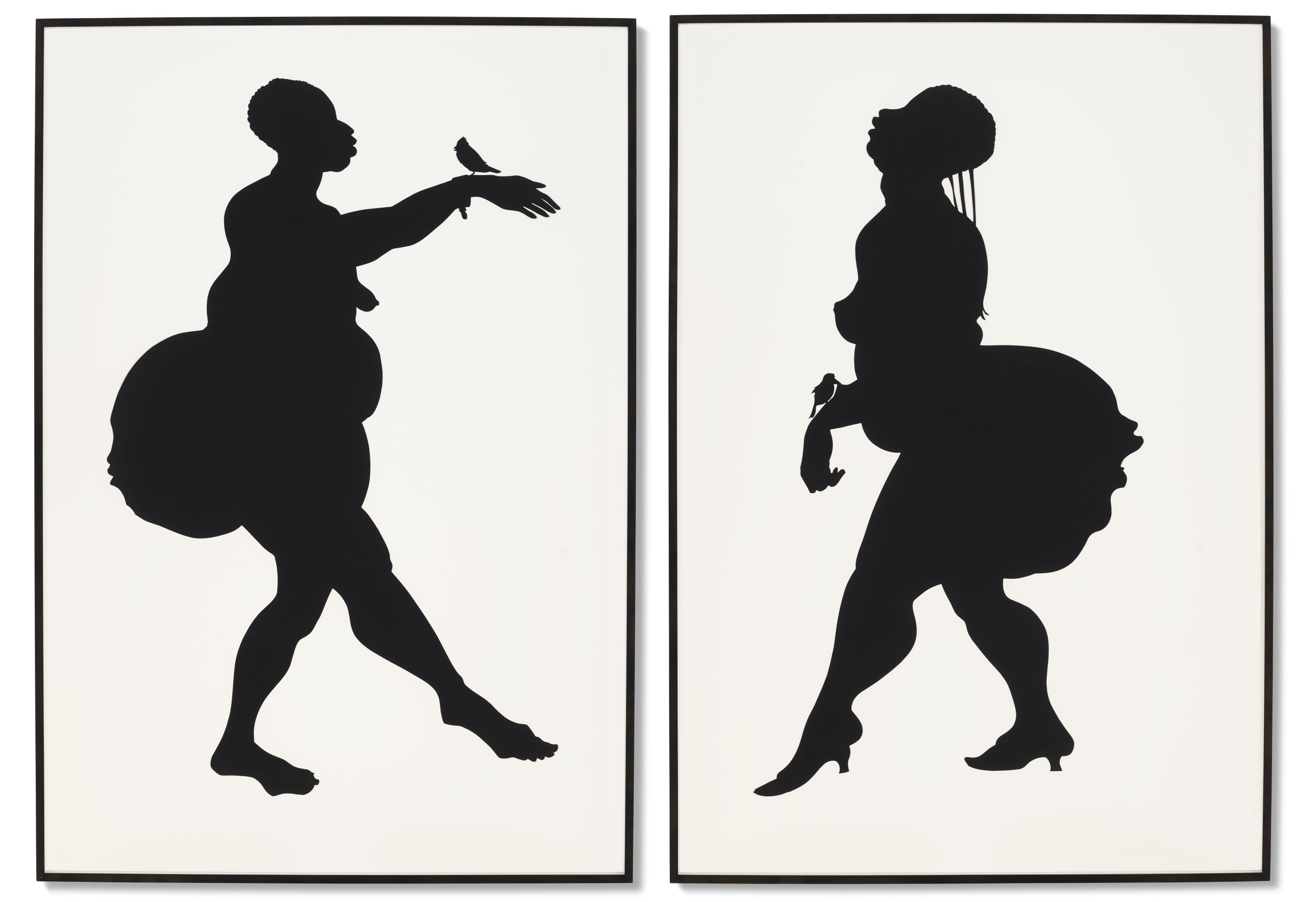 Kara Walker (b. 1969), Untitled, 2001. Cut paper collage on paper, in two parts.&nbsp;Each: 70 x 48  in (177.8 x 121.9  cm). Estimate: $120,000-180,000. Offered in Post-War &amp; Contemporary Art Day Sale on 7 October 2020 at Christie&rsquo;s in New York. Artwork: © Kara Walker, courtesy of Sikkema Jenkins & Co., New York