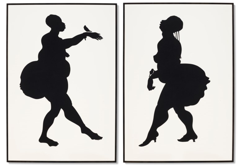 Kara Walker (b. 1969), Untitled, 2001. Cut paper collage on paper, in two parts. Each 70 x 48  in (177.8 x 121.9  cm). Estimate $120,000-180,000. Offered in Post-War & Contemporary Art Day Sale on 7 October 2020 at Christie’s in New York. Artwork © Kara Walker, courtesy of Sikkema Jenkins & Co., New York