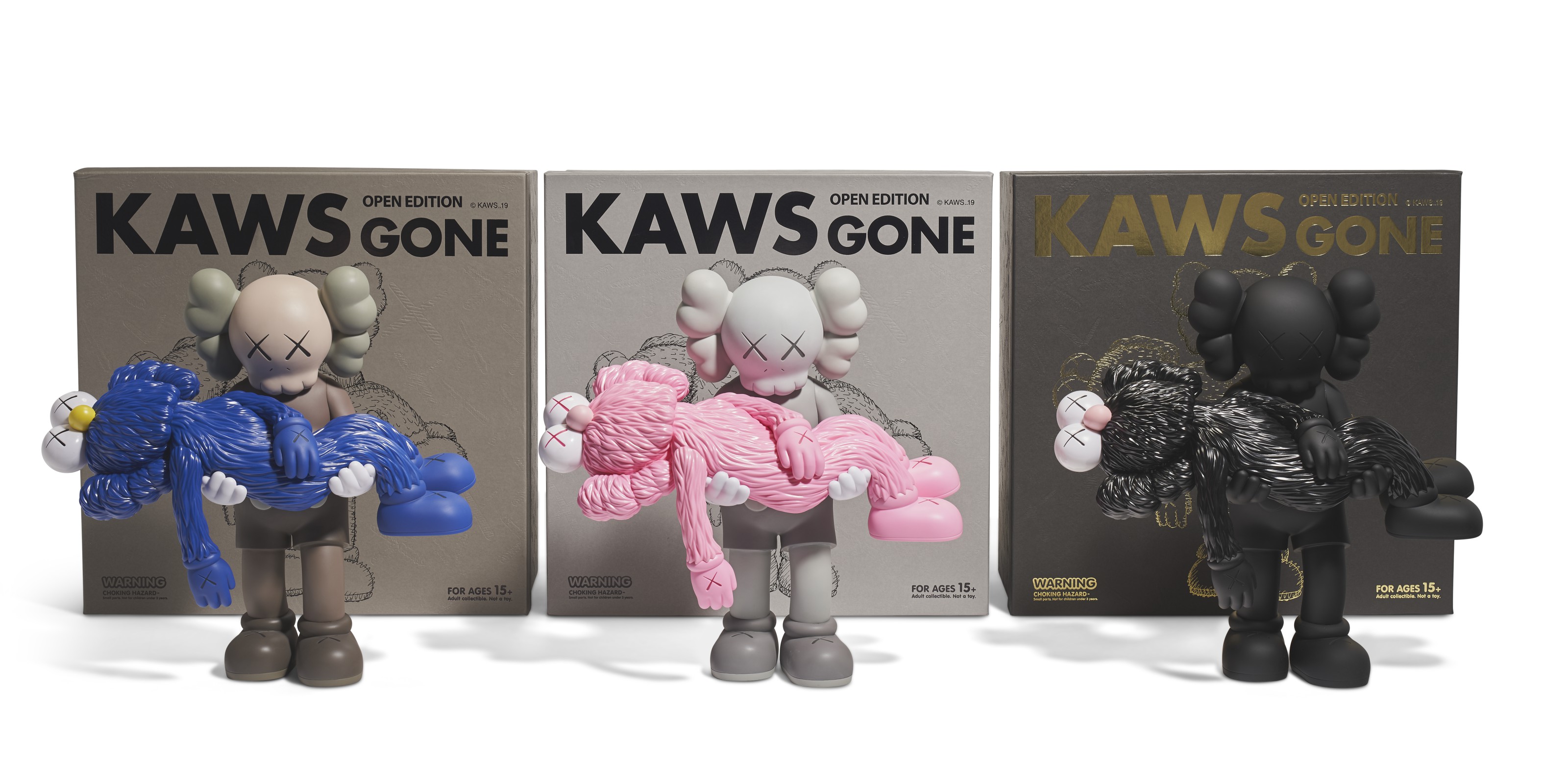 KAWS (B.1974), GONE (GREY); GONE (BLACK); and GONE (BROWN