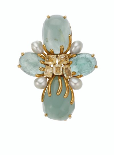 BERYL, COLORED SAPPHIRE AND CULTURED PEARL BROOCH, VERDURA ...