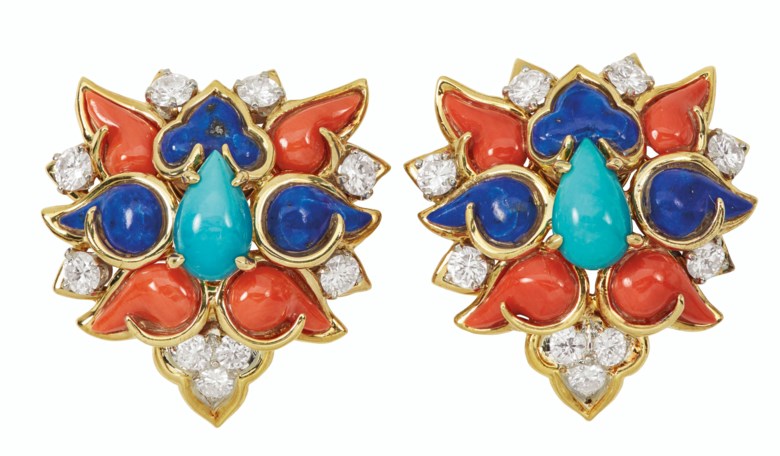 Donald Claflin, Tiffany & Co., Coral, turquoise, lapis lazuli and diamond earrings. Estimate $15,000-20,000. Offered in Magnificent Jewels on 29 July 2020 at Christie’s in New York