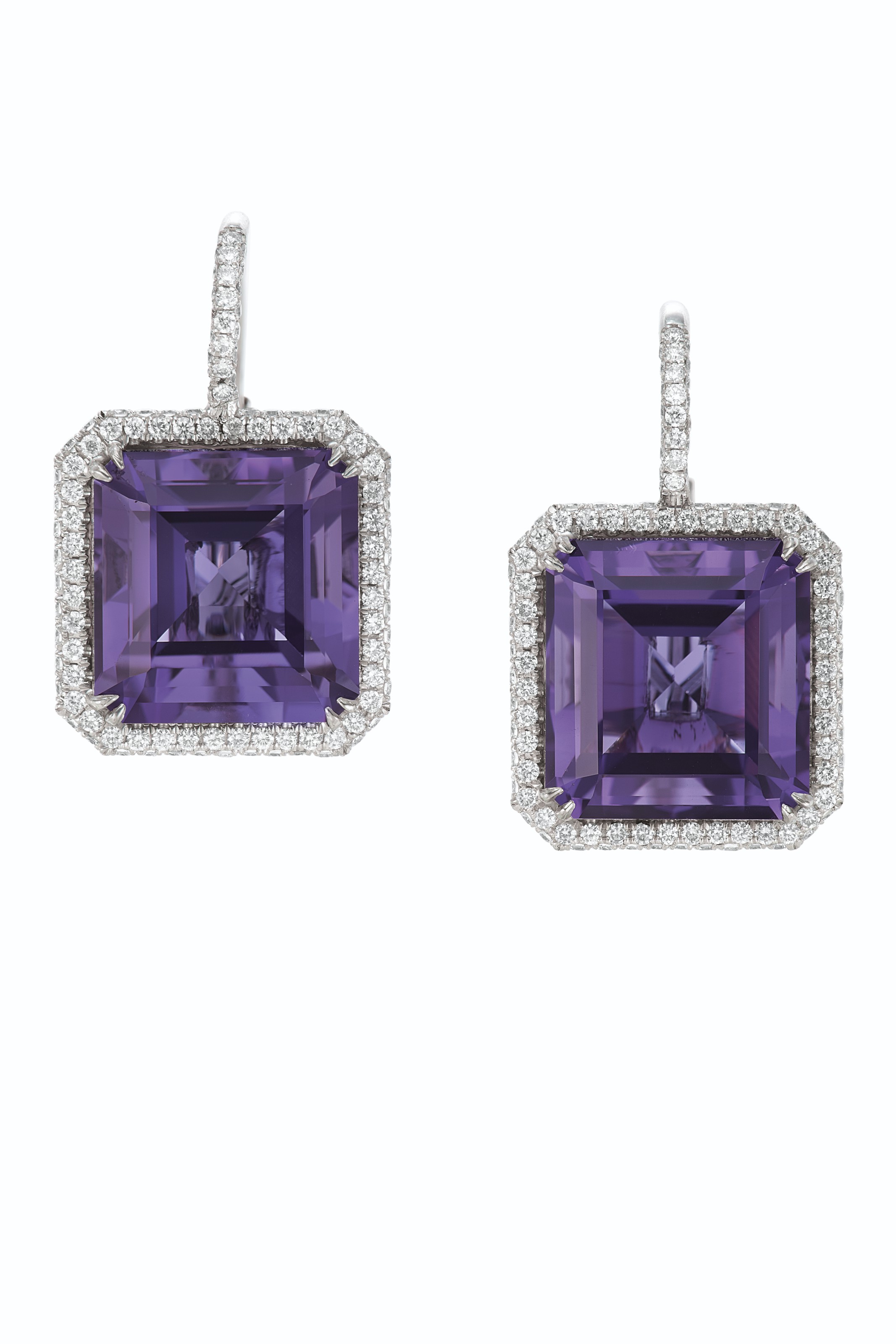 amethyst and diamond earrings in 14k white gold