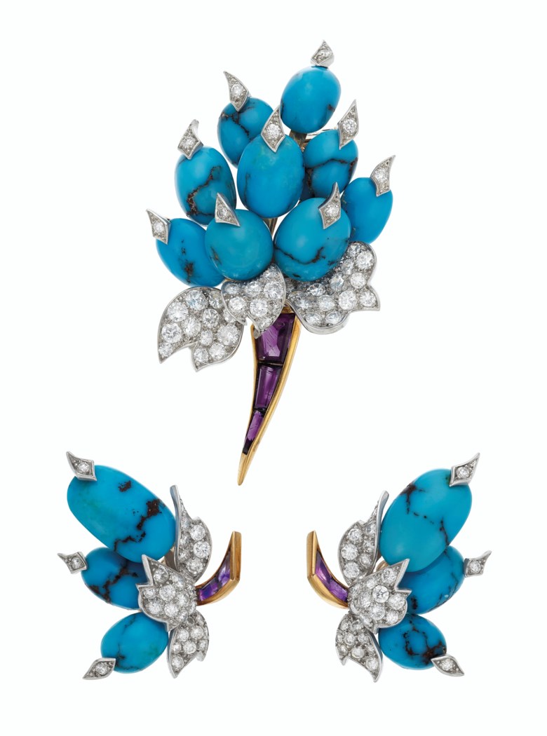 Sterlé, Set of turquoise, diamond and amethyst jewelry, 1965. Estimate $20,000-30,000. Offered in Magnificent Jewels on 29 July 2020 at Christie’s in New York