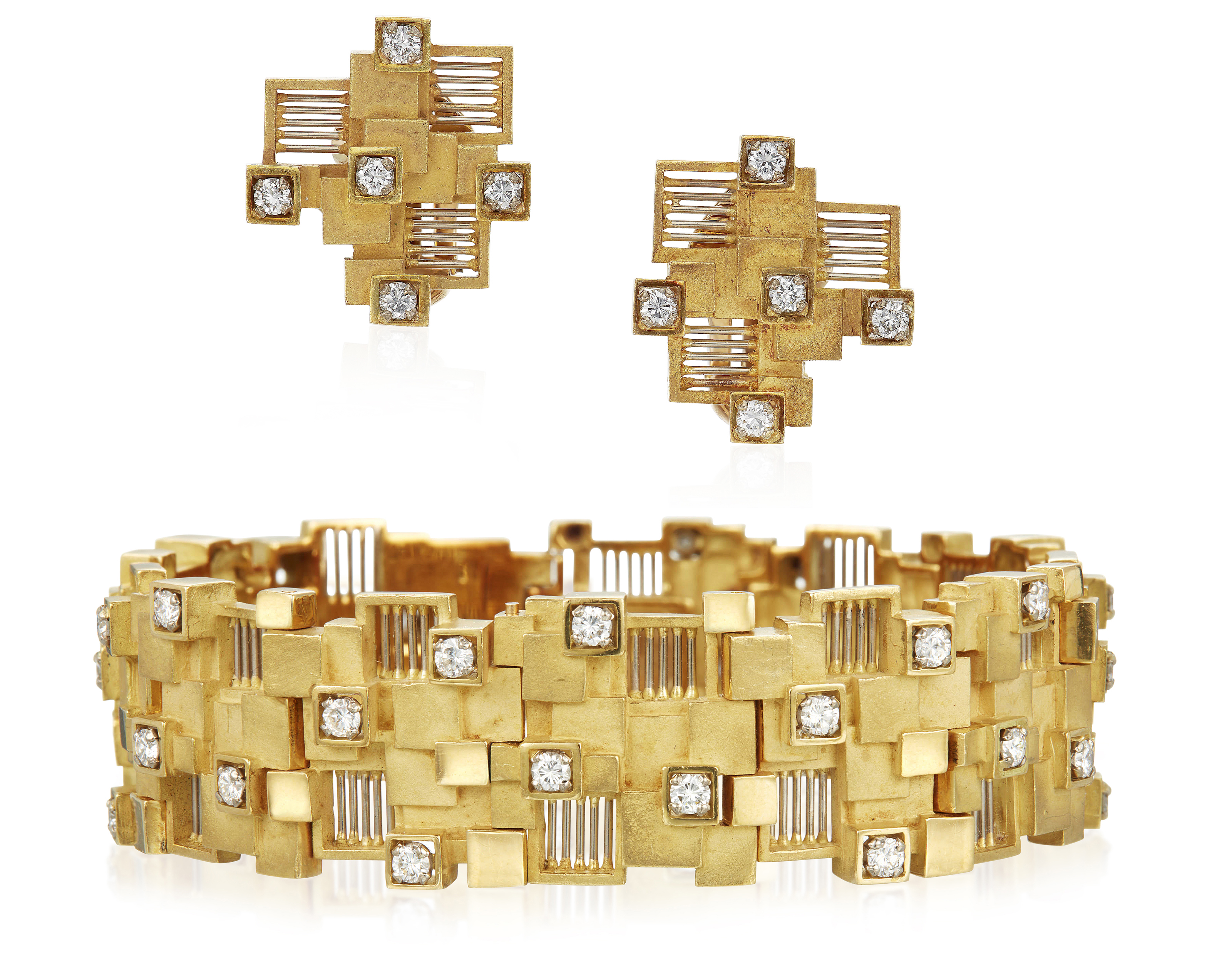 Catalog image of GOLD AND DIAMOND BRACELET AND EARRINGS