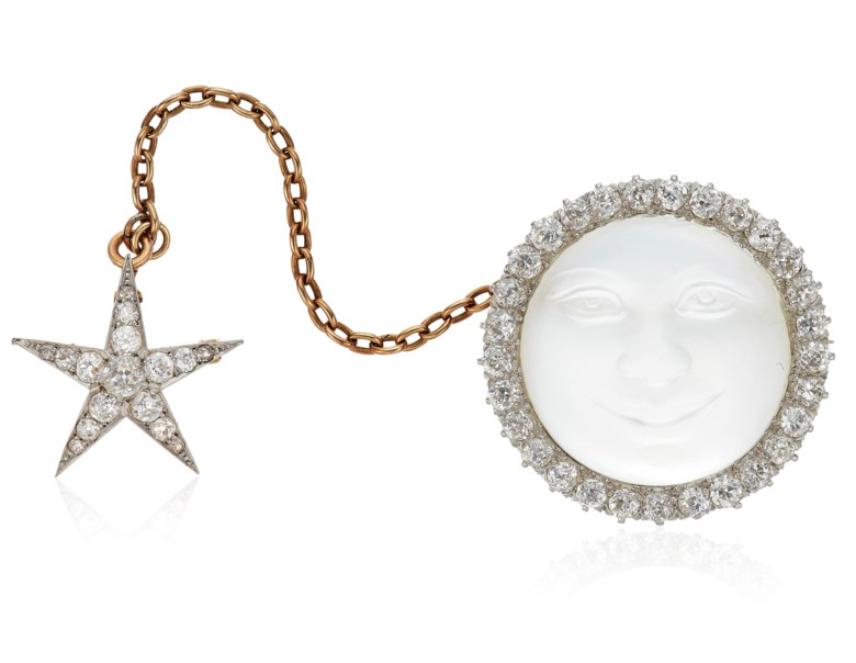 Antique black starr & frost moonstone and diamond brooch. SizeDimensions 2.7 cm diameter of moon, 1.5 cm width of star, 10.5 cm outstretched length. Sold for $7,500 in Jewels Online, 13-24 April 2020, Online