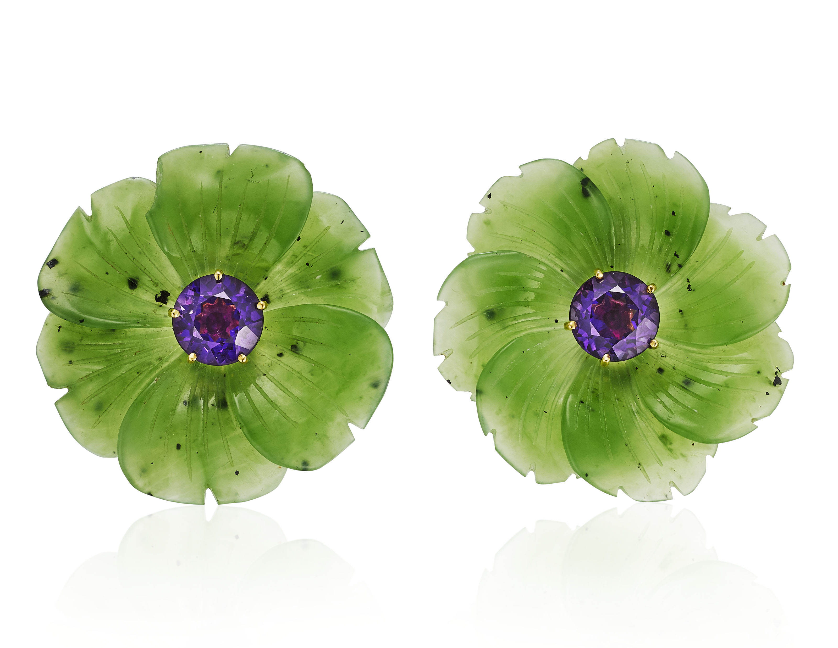 Tiffany &amp; Co. Paloma Picasso nephrite and amethyst earrings. 4.1 cm diameter. Sold for $17,500 on&nbsp;24 April 2020, Online