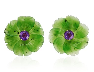 Tiffany & Co. Paloma Picasso nephrite and amethyst earrings. 4.1 cm diameter. Sold for $17,500 on 24 April 2020, Online