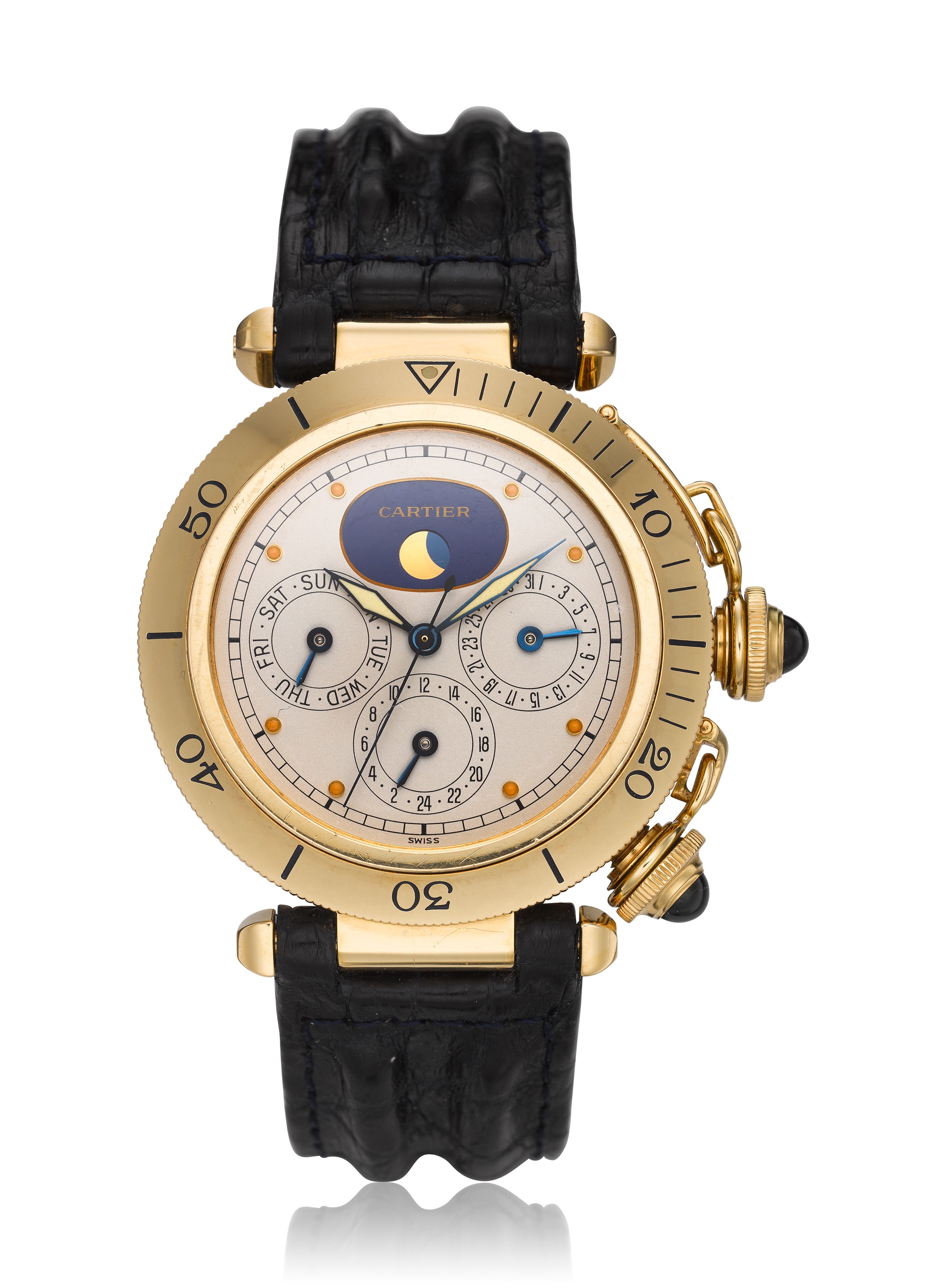 CARTIER PASHA 18K GOLD TWO TIME ZONE CALENDAR MOON PHASES REF