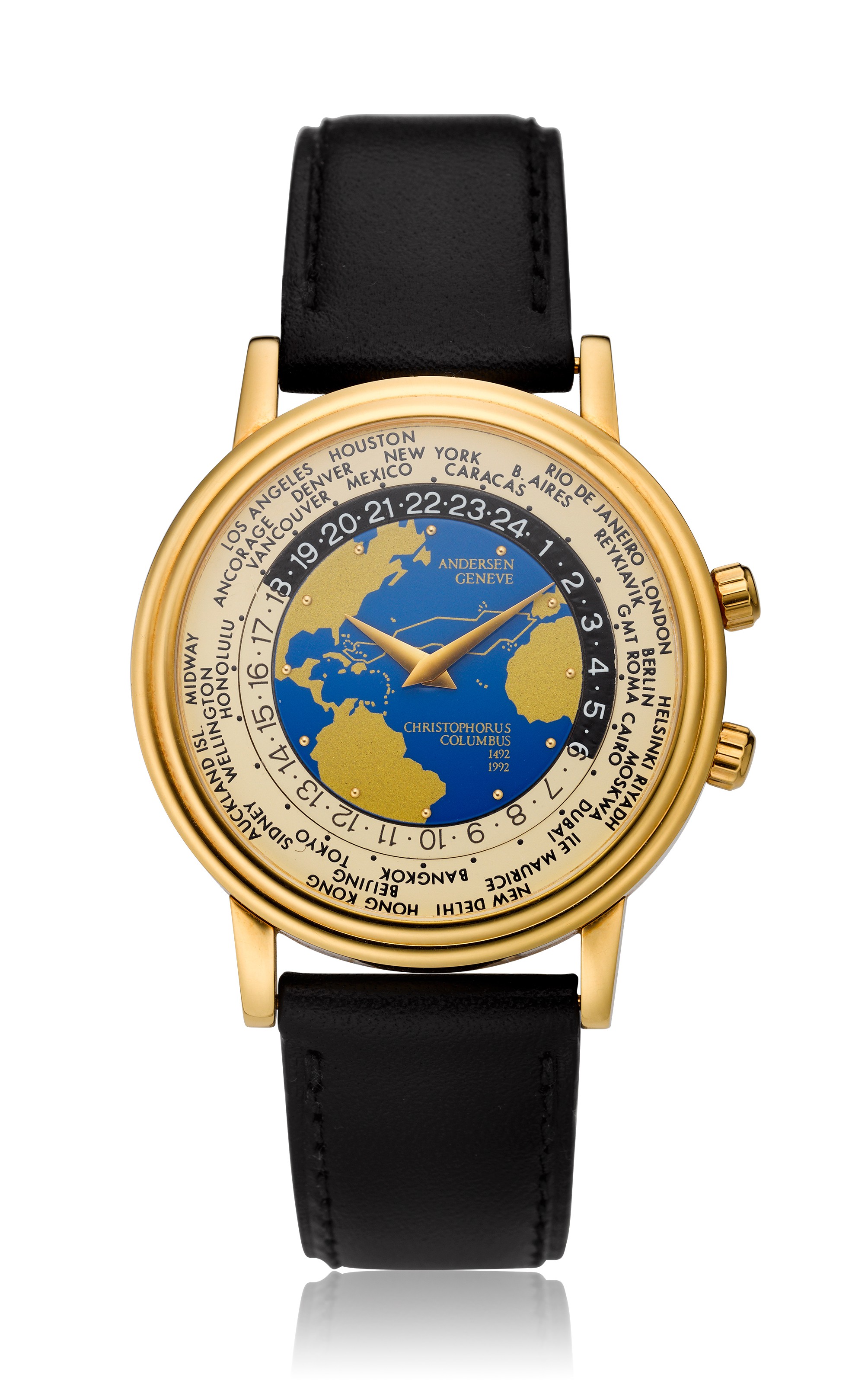 Andersen Gen&egrave;ve 世界時間18K金腕錶，為紀念哥倫布日500週年而製，編號096/500。直徑：35毫米。估價：2,500 &ndash; 3,500美元。此錶將於佳士得名錶網上專場拍賣呈獻，2020年2月25日至3月10日開放登記