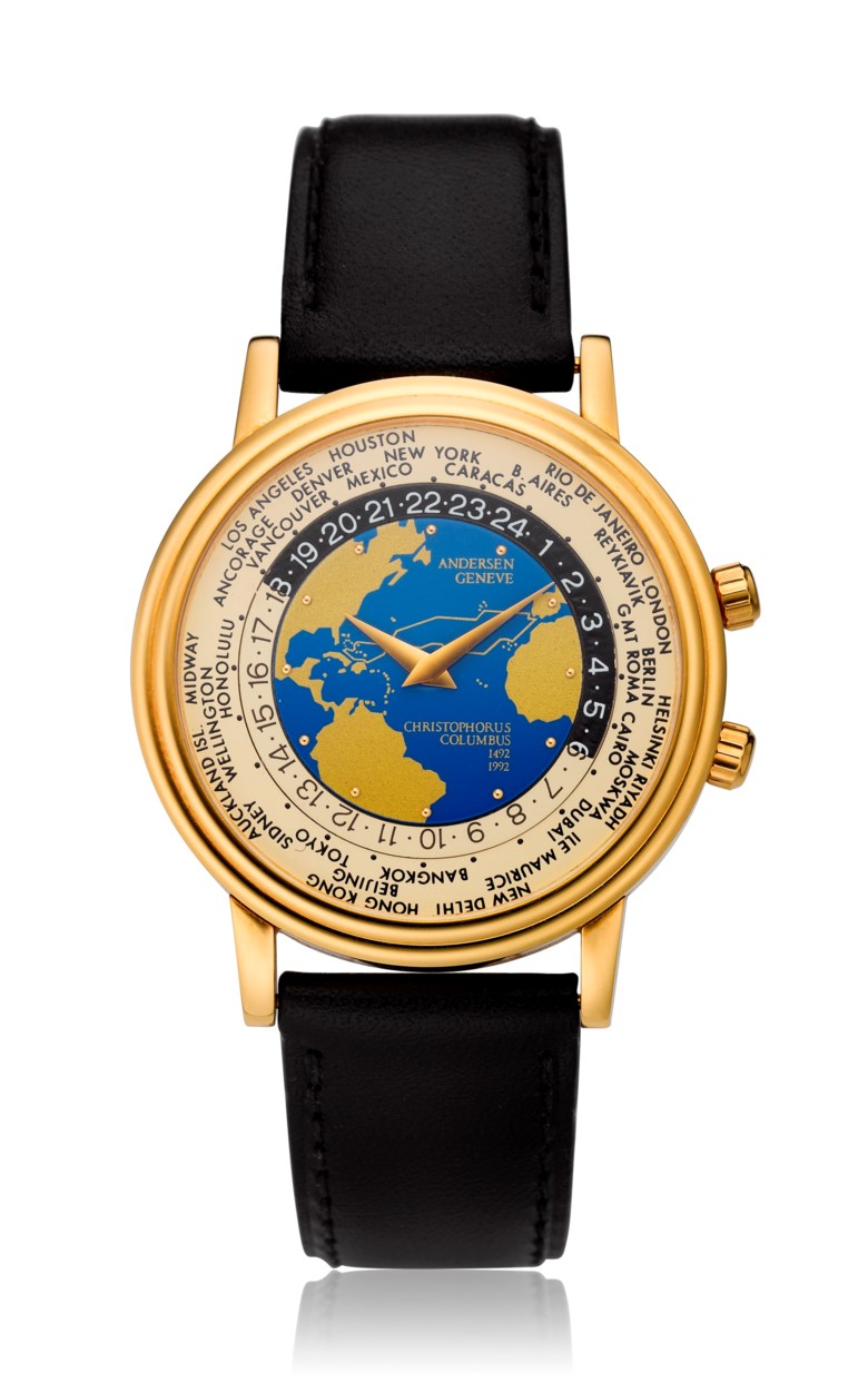 Andersen Geneve, World Time, 18k gold, Christopher Columbus 500th anniversary, no. 096 of 500. Diameter: 35mm. Estimate: $2,500-3,500. Offered in Watches Online, 25 February to 10 March 2020, Online