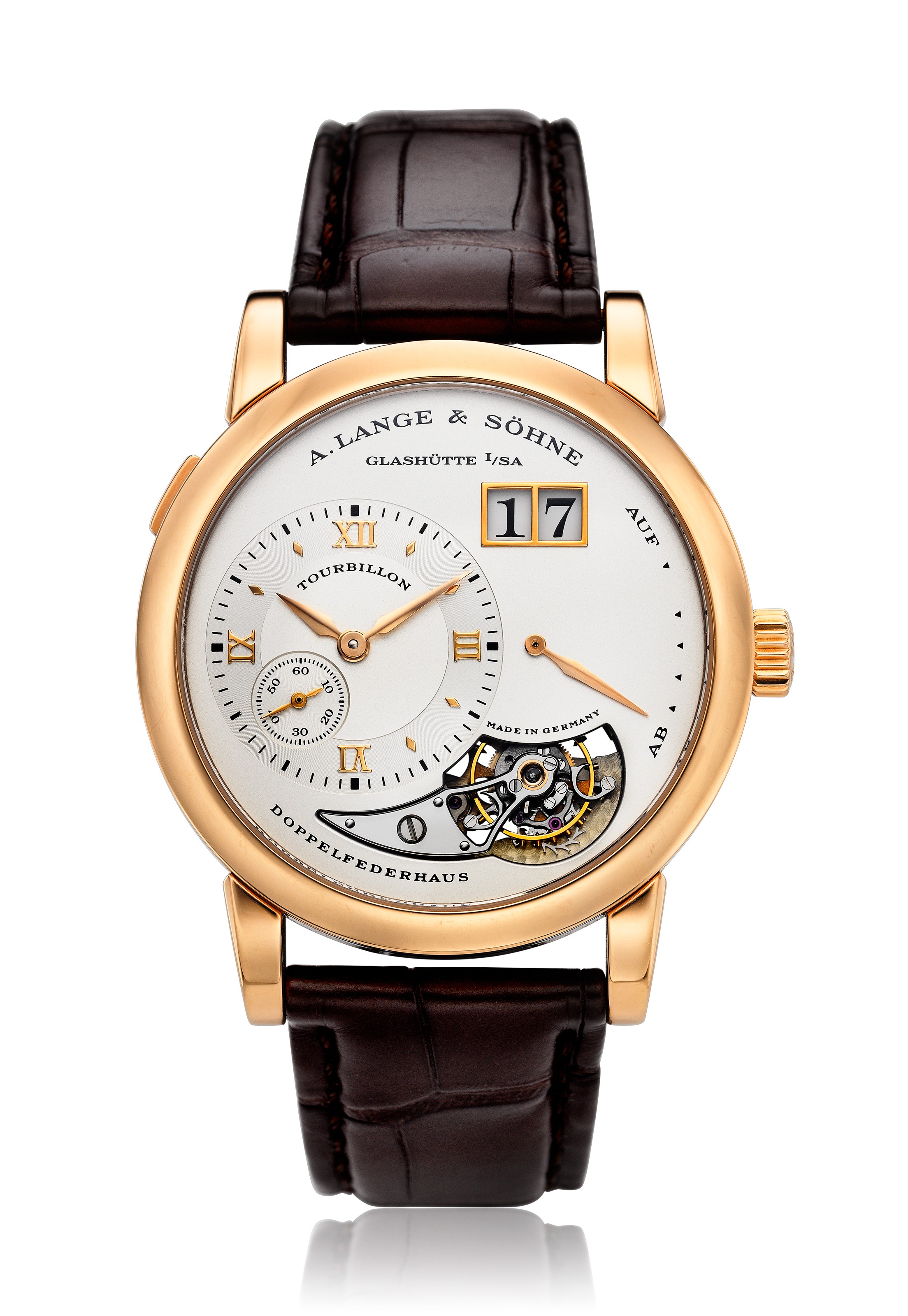 朗格18K紅金Lange 1 Tourbillon陀飛輪腕錶，型號704.032，限量版，編號51/250。直徑：38.5毫米。估價：60,000 &ndash; 80,000美元。此錶將於
佳士得名錶網上專場拍賣呈獻，2020年2月25日至3月10日開放登記