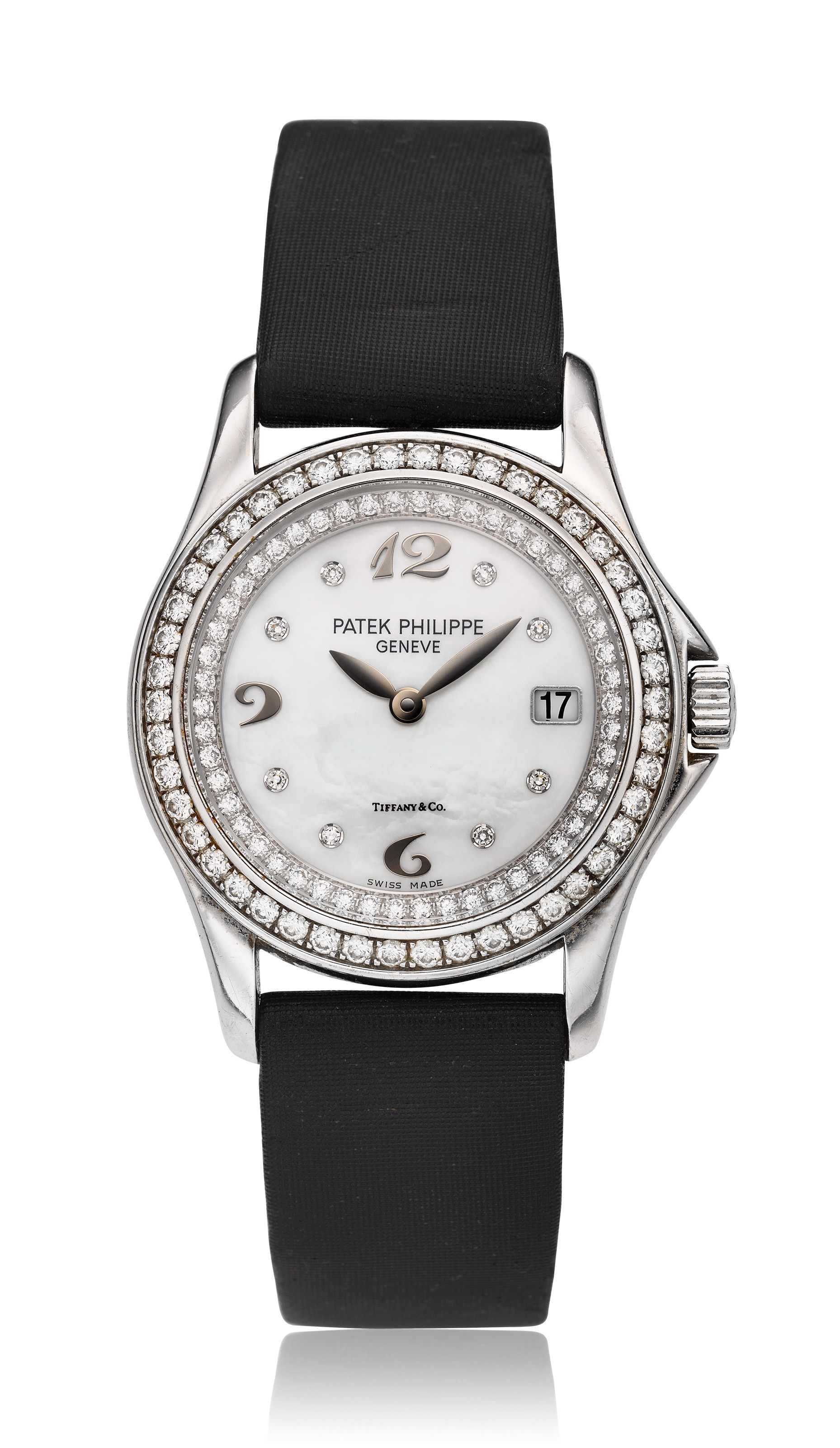PATEK PHILIPPE TIFFANY CO. MOTHER OF PEARL DIAL CALATRAVA 18K WHITE GOLD DIAMONDS REF. 4906