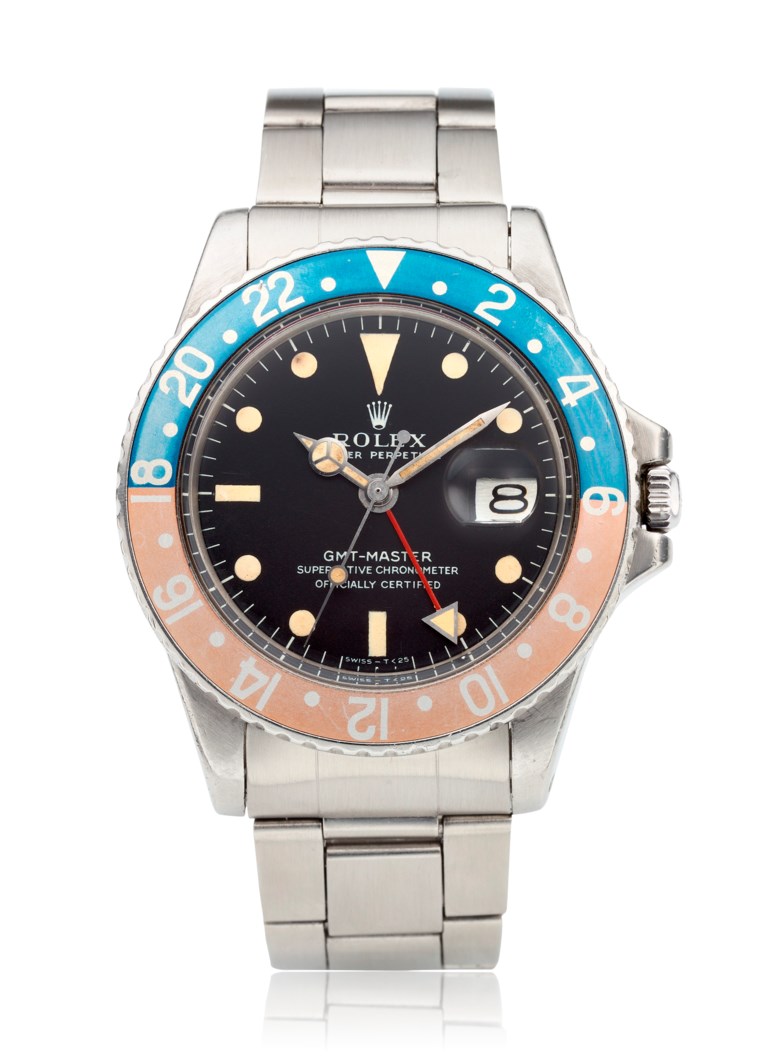劳力士，GMT-Master，“Pepsi”，型号1675。估价：15,000 – 25,000美元。此拍品将于2020年10月1至13日在Watches Online Discovering Time网上拍卖中呈献