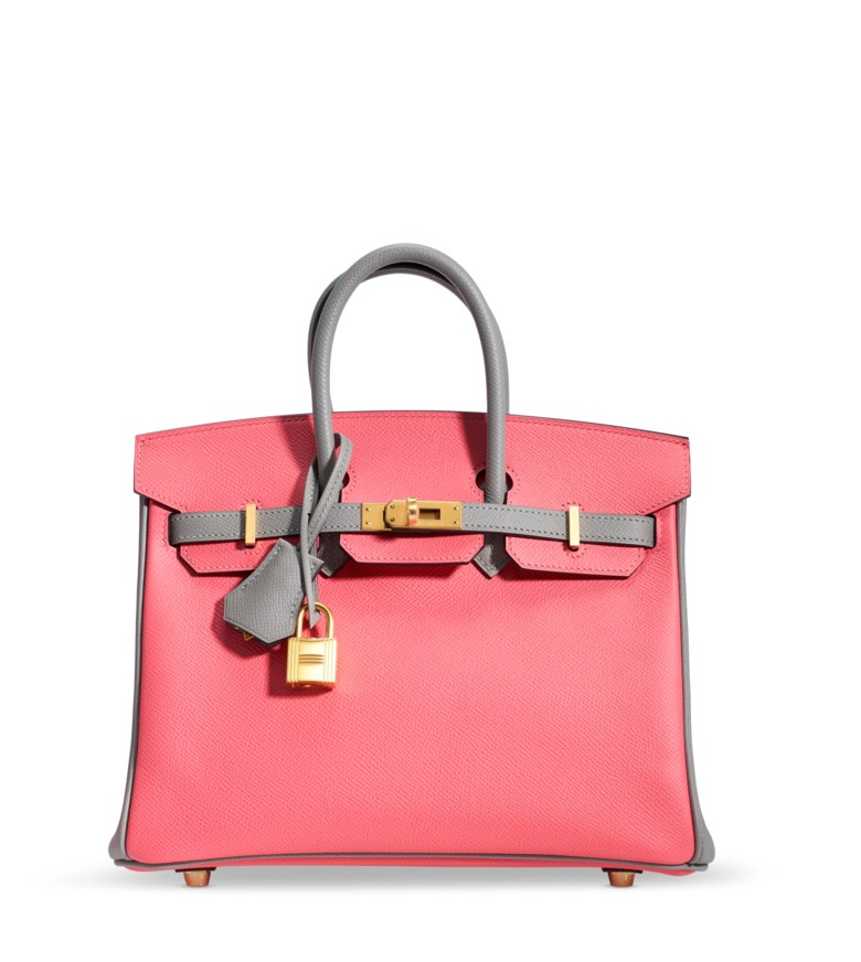 A custom rose azalée & gris mouette epsom leather Birkin 25 with brushed gold hardware, Hermès, 2018. 25 w x 19 h x 14 d cm. Sold for $17,500 in
Handbags Online Summer in the City, 14-28 July 2020