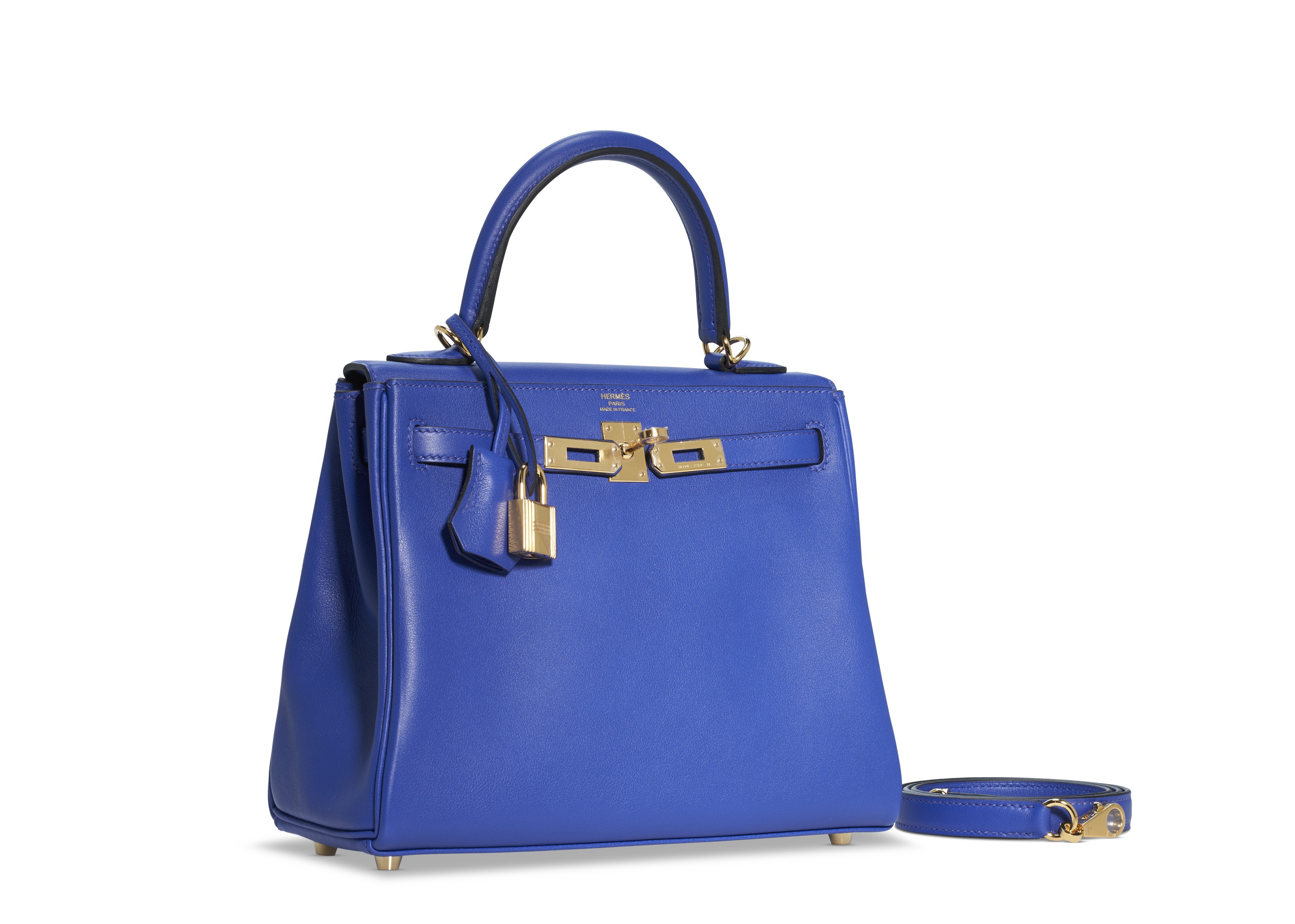A BLEU ÉLECTRIQUE SWIFT LEATHER RETOURNÉ KELLY 25 WITH GOLD