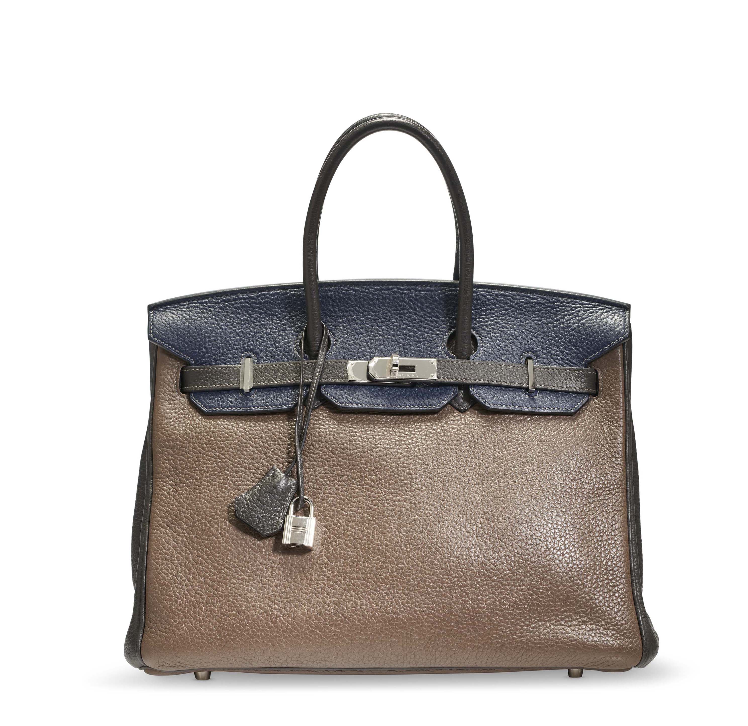 A CUSTOM ETOUPE ETAIN BLEU SAPHIR CLEMENCE LEATHER BIRKIN 35 WITH PALLADIUM HARDWARE HERMES 2010 Christie s