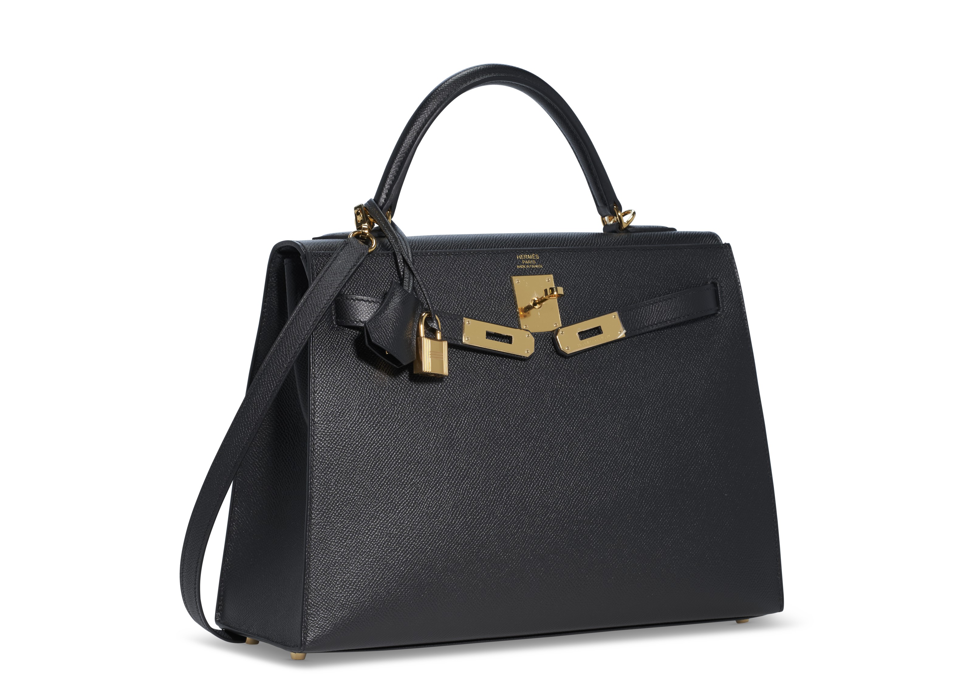 A BLACK EPSOM LEATHER SELLIER KELLY 32 WITH GOLD HARDWARE, HERMÈS