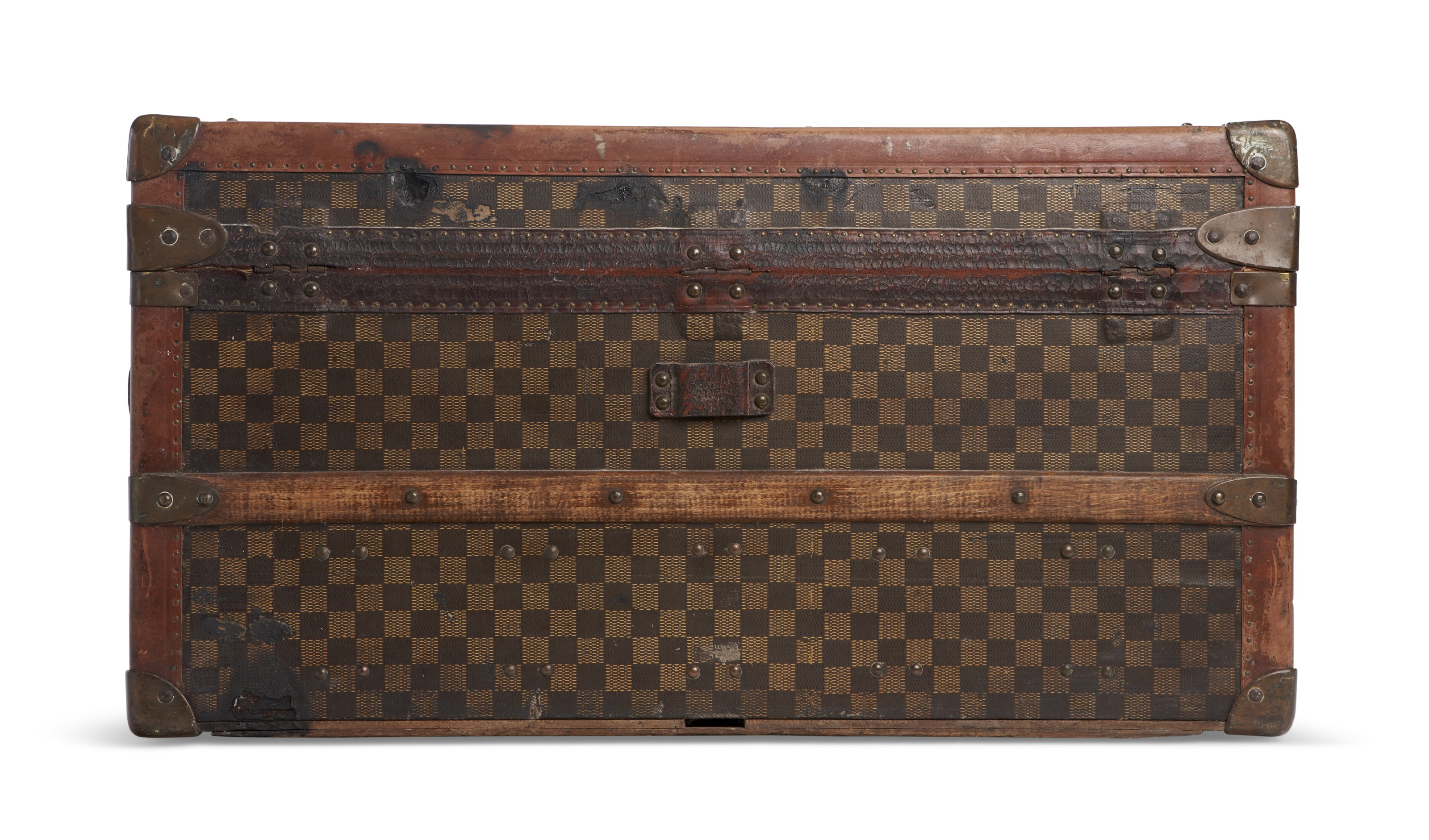 A Brown Monogram Canvas Small Steamer Trunk with Brass Hardware