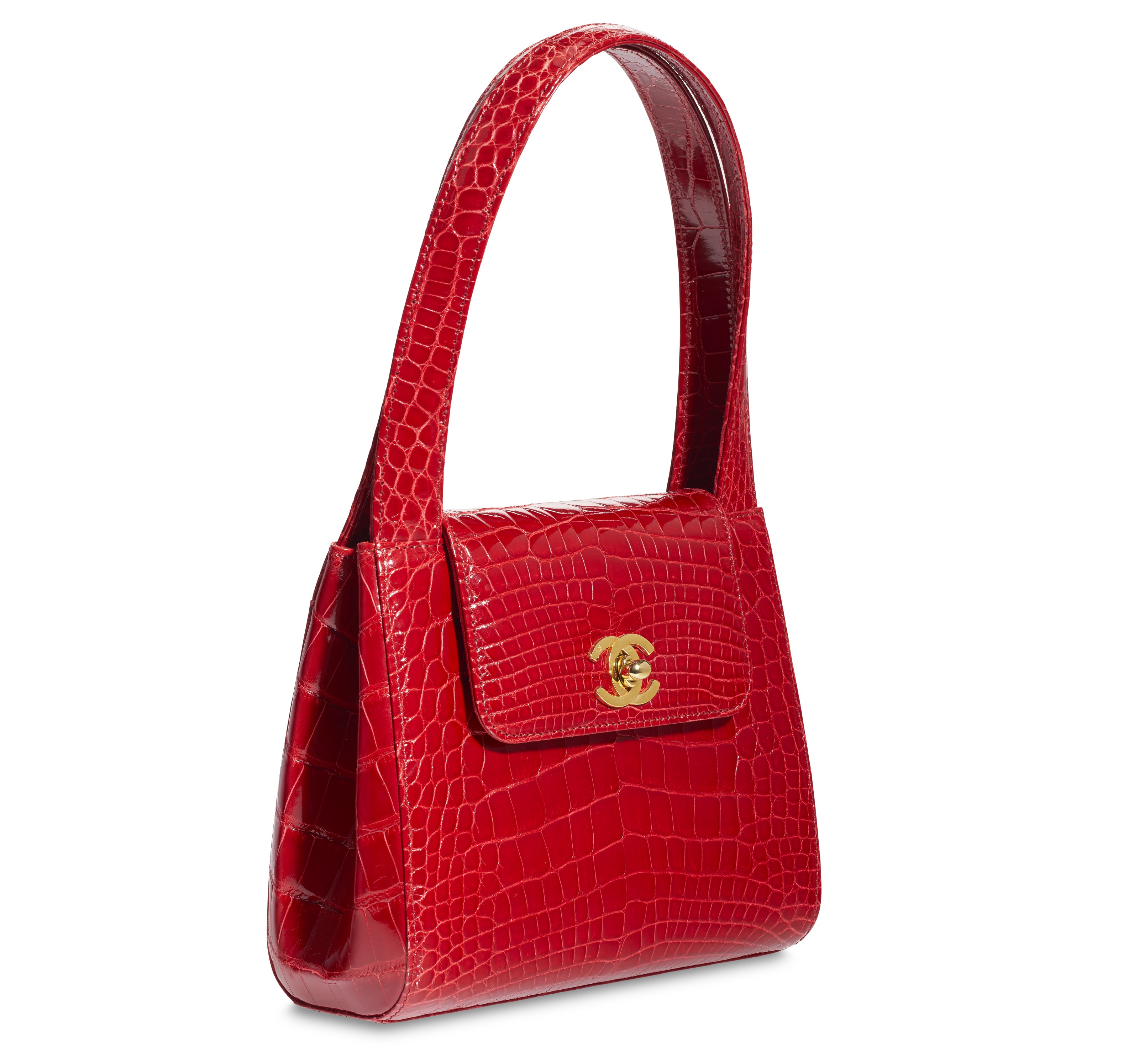 A SHINY RED CROCODILE TOP HANDLE BAG WITH GOLD HARDWARE, CHANEL